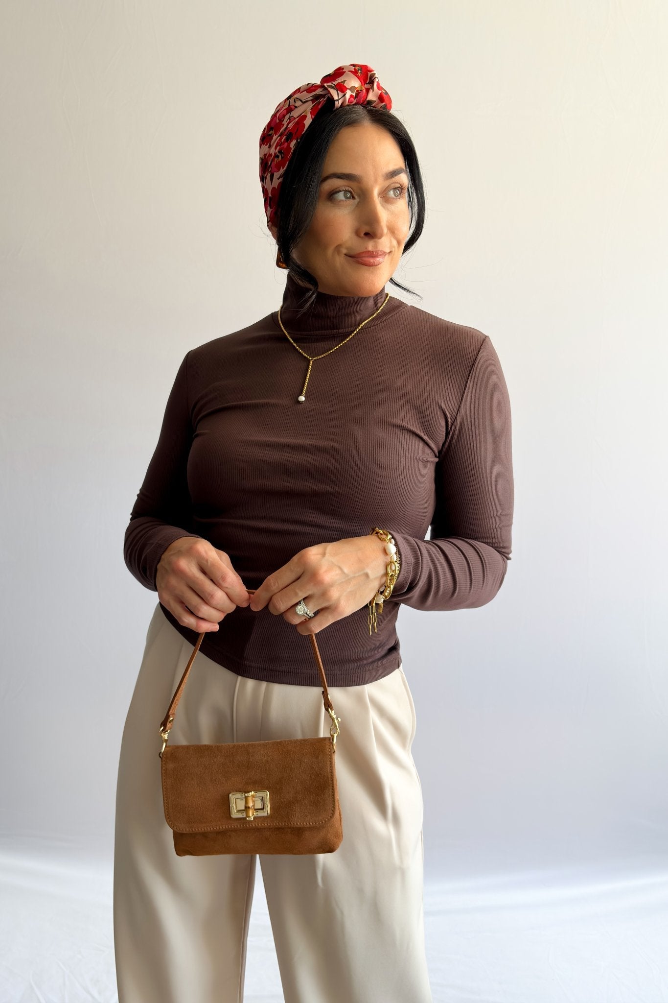 Women’s Ribbed Mock Neck Long - Sleeve Top – Brown - Women's Shirts & Tops - Blooming Daily