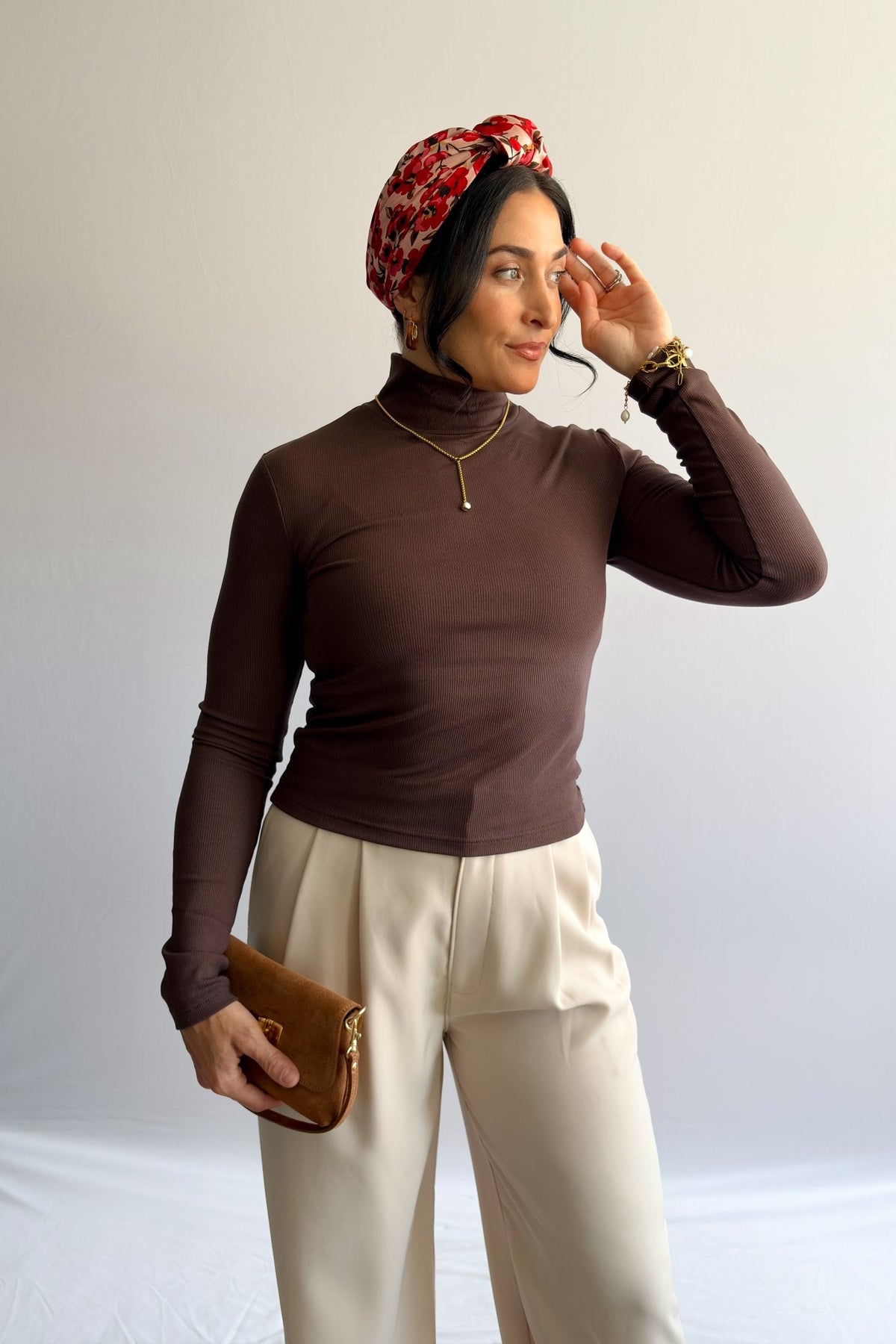 Women’s Ribbed Mock Neck Long - Sleeve Top – Brown - Women&#39;s Shirts &amp; Tops - Blooming Daily