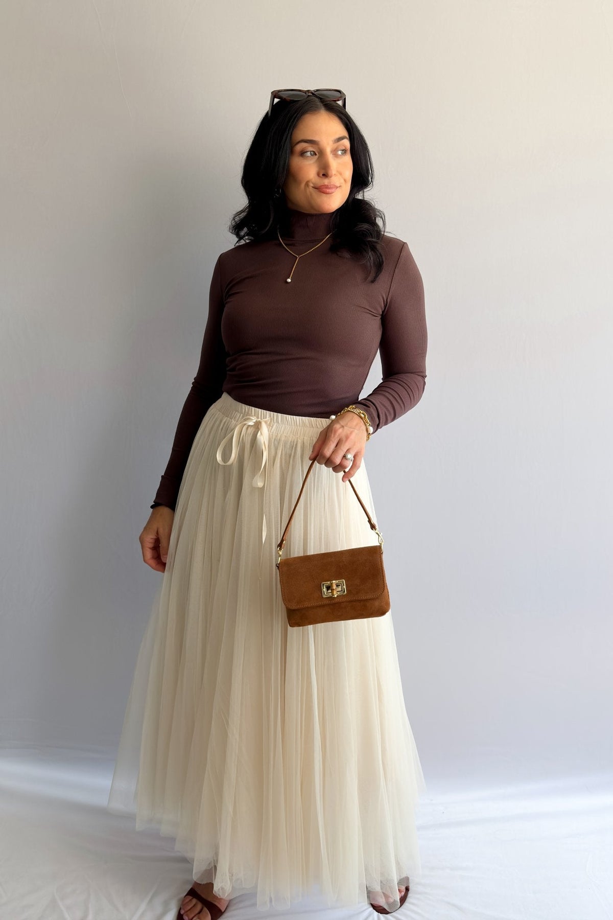 Women’s Ribbed Mock Neck Long - Sleeve Top – Brown - Women&#39;s Shirts &amp; Tops - Blooming Daily