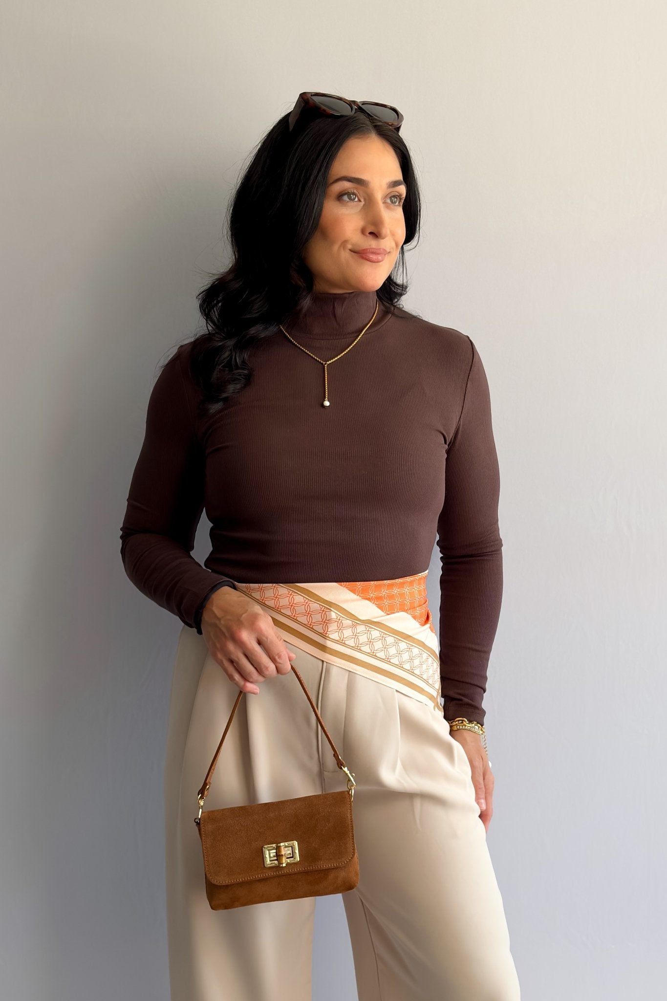 Women’s Ribbed Mock Neck Long - Sleeve Top – Brown - Women's Shirts & Tops - Blooming Daily