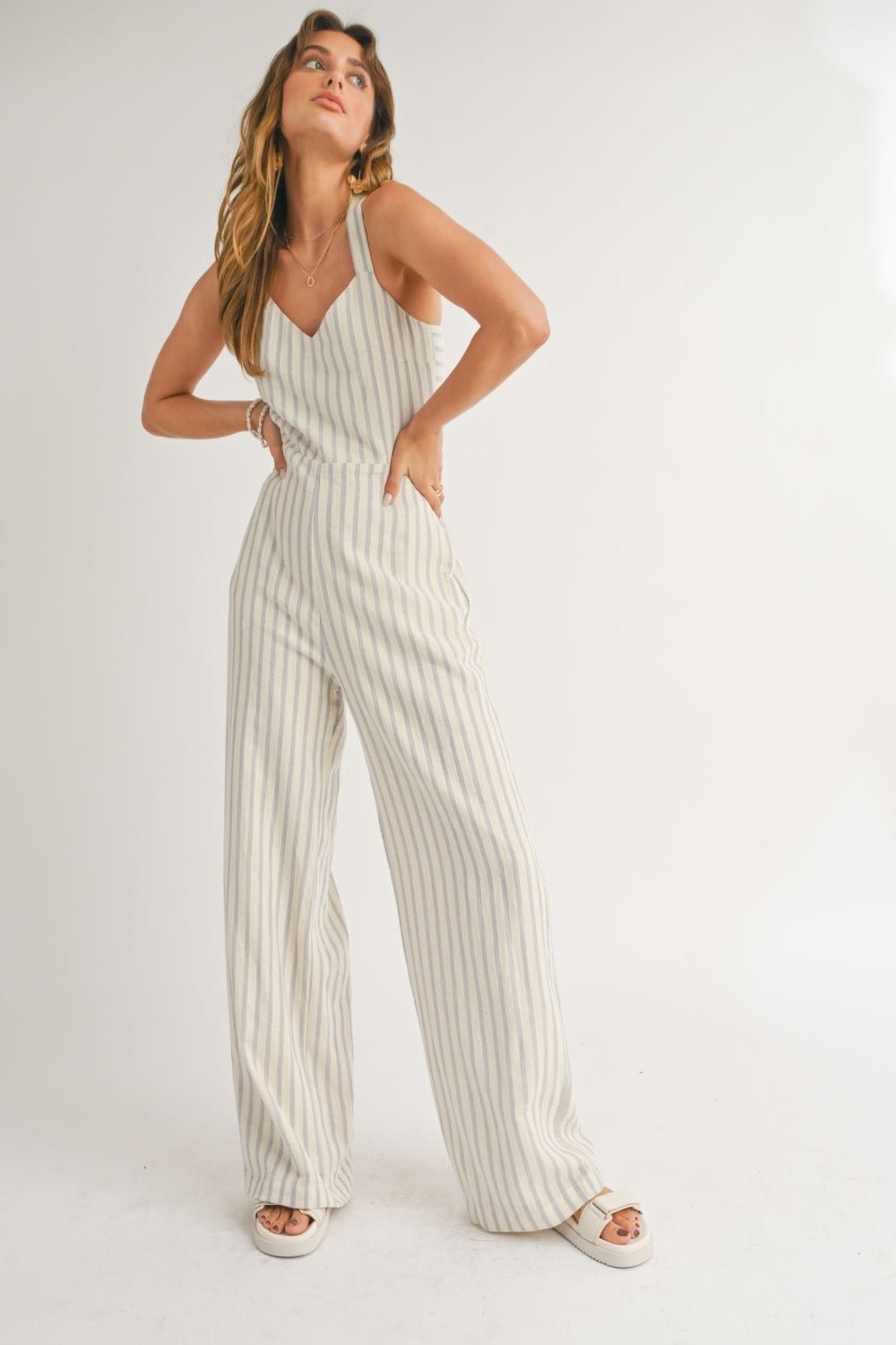 Women&#39;s Sailor Wide Leg Jumpsuit | Cotton Fabric | Baby Blue Stripes - Women&#39;s Jumpsuit - Blooming Daily