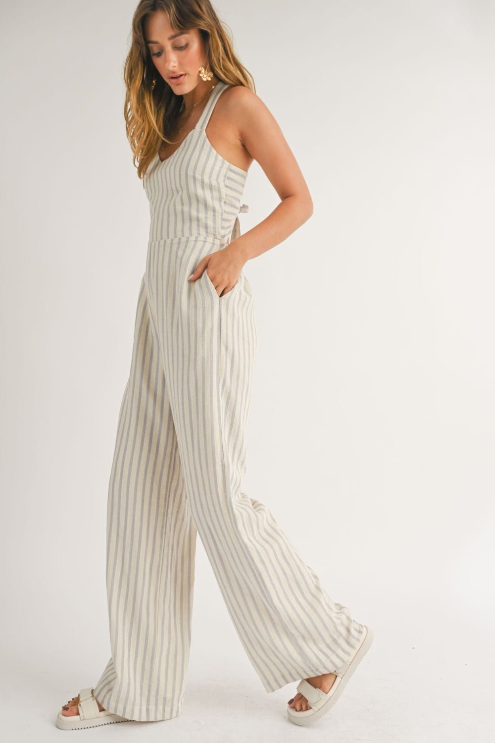 Women&#39;s Sailor Wide Leg Jumpsuit | Cotton Fabric | Baby Blue Stripes - Women&#39;s Jumpsuit - Blooming Daily