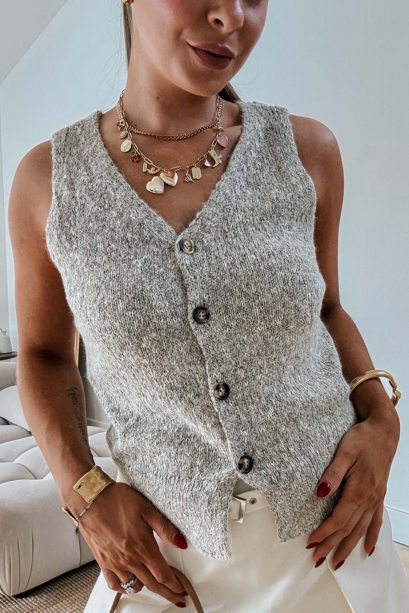 Sadie & Sage Soft Knit Button-Up Vest - Gray | Final Sale