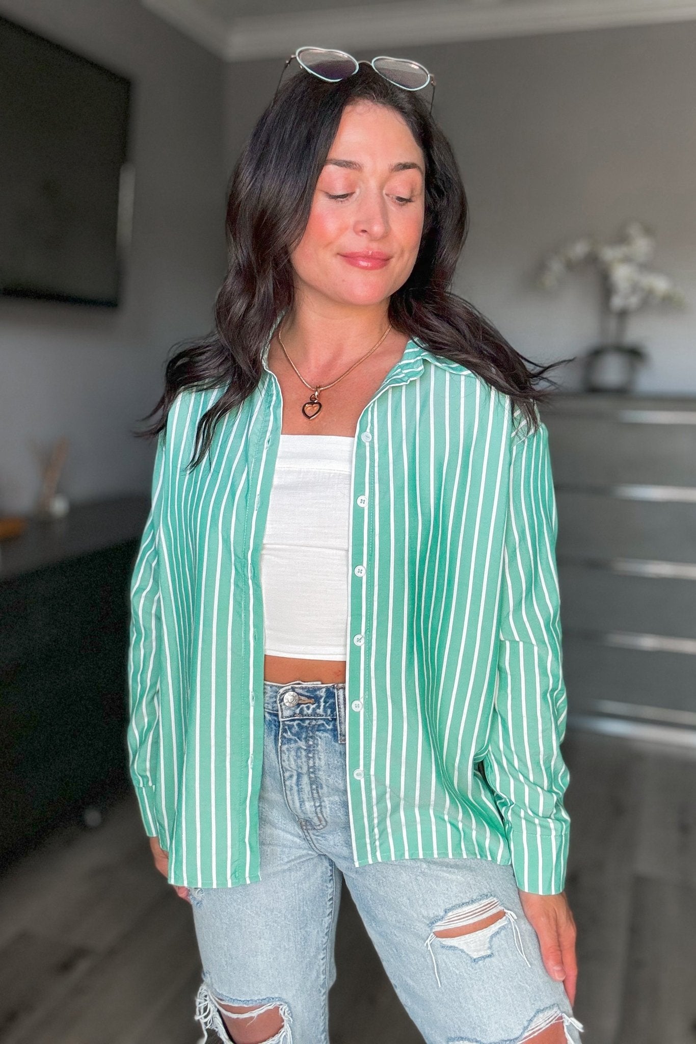 Women's Striped Button Down Long Sleeve Shirt Top Green