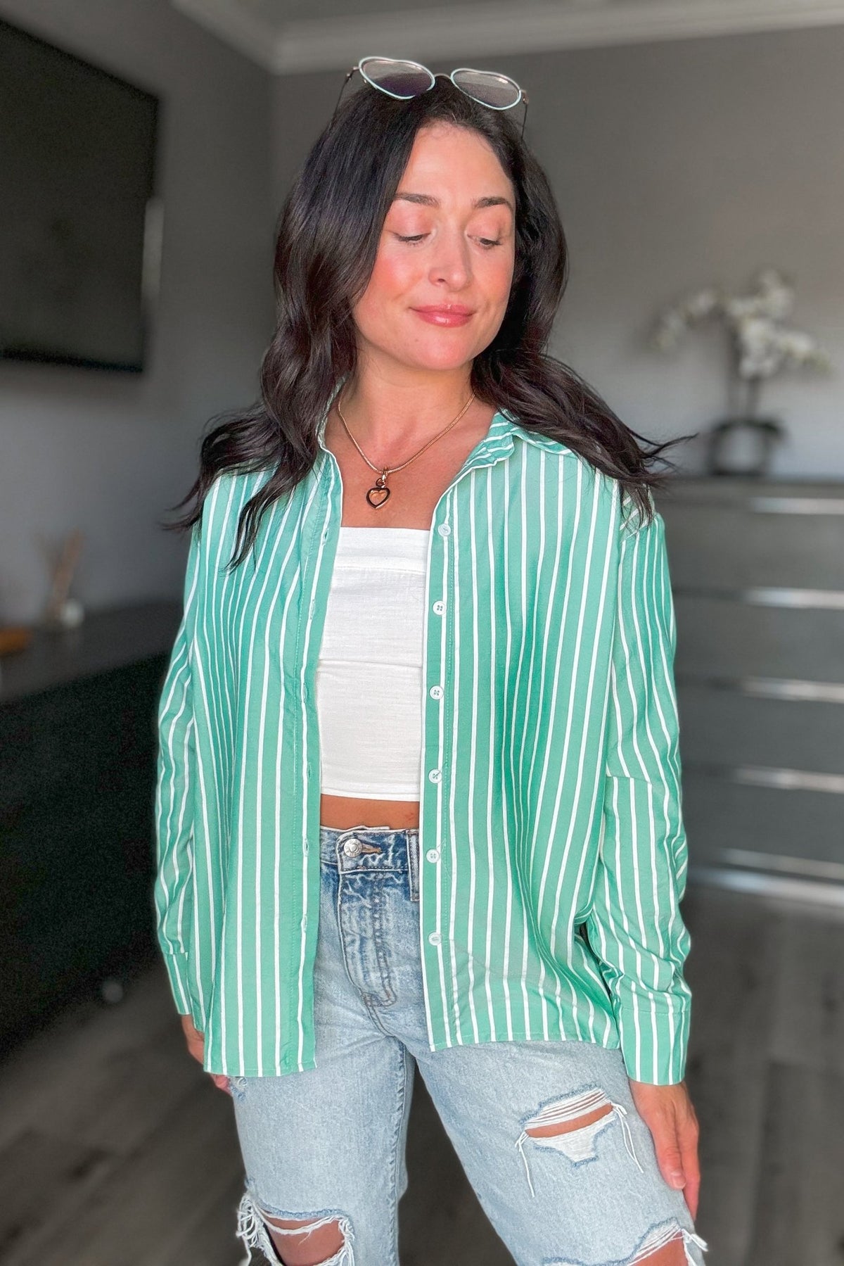 Women&#39;s Striped Button Down Long Sleeve Shirt Top | Green - Women&#39;s Shirts &amp; Tops - Blooming Daily