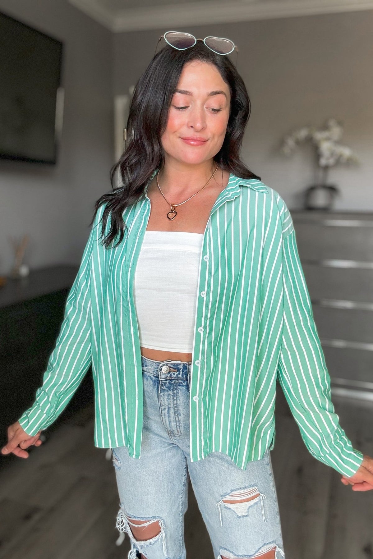 Women&#39;s Striped Button Down Long Sleeve Shirt Top | Green - Women&#39;s Shirts &amp; Tops - Blooming Daily