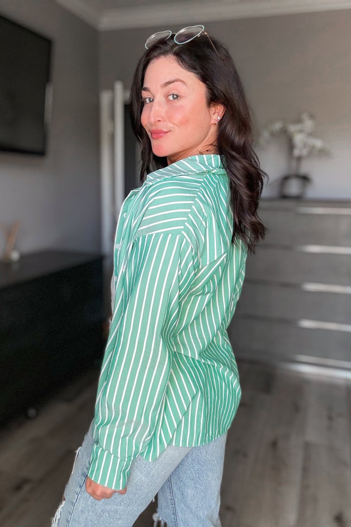 Women&#39;s Striped Button Down Long Sleeve Shirt Top | Green - Women&#39;s Shirts &amp; Tops - Blooming Daily