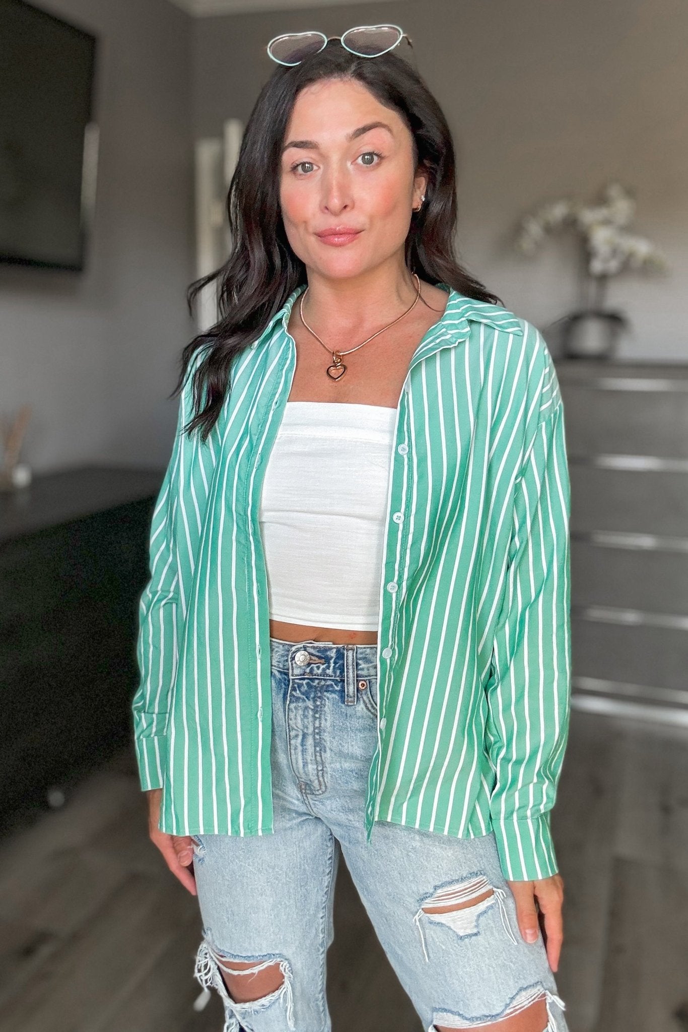 Women's Striped Button Down Long Sleeve Shirt Top | Green - Women's Shirts & Tops - Blooming Daily