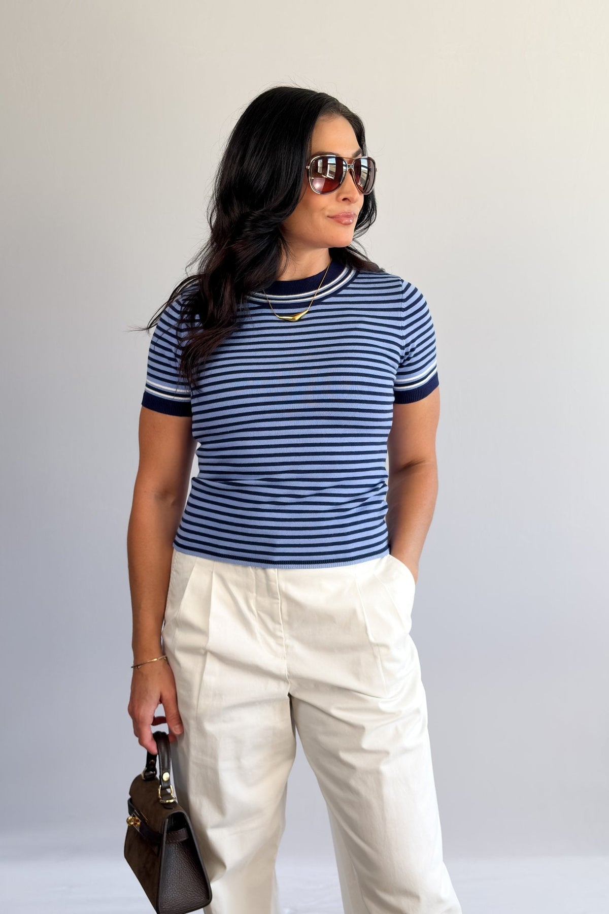 Women’s Striped Knit Sweater Tee — Navy &amp; Sky - Women&#39;s Shirts &amp; Tops - Blooming Daily