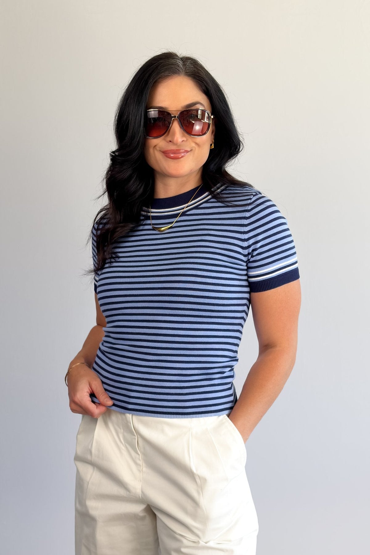 Women’s Striped Knit Sweater Tee — Navy &amp; Sky - Women&#39;s Shirts &amp; Tops - Blooming Daily