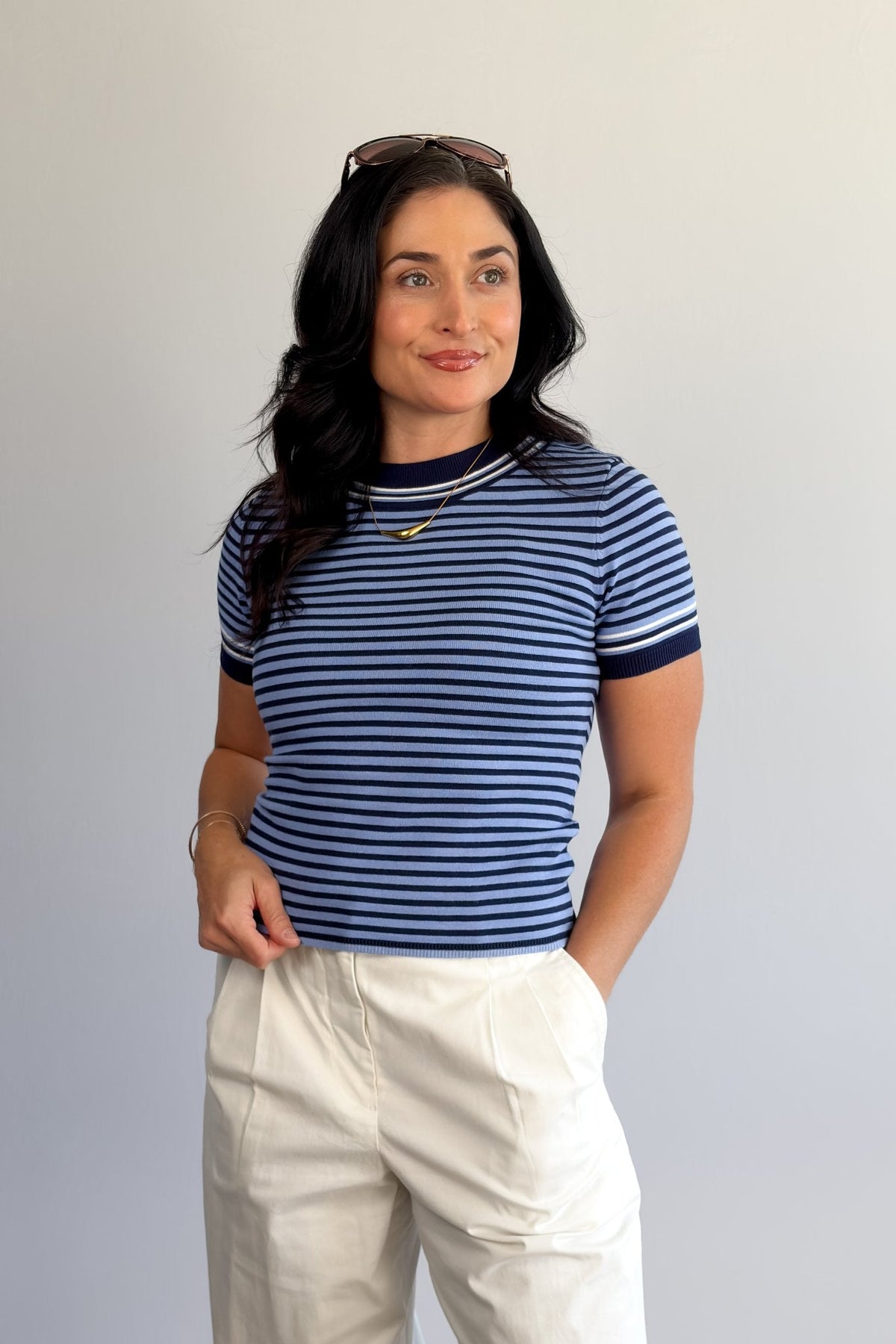 Women’s Striped Knit Sweater Tee — Navy &amp; Sky - Women&#39;s Shirts &amp; Tops - Blooming Daily