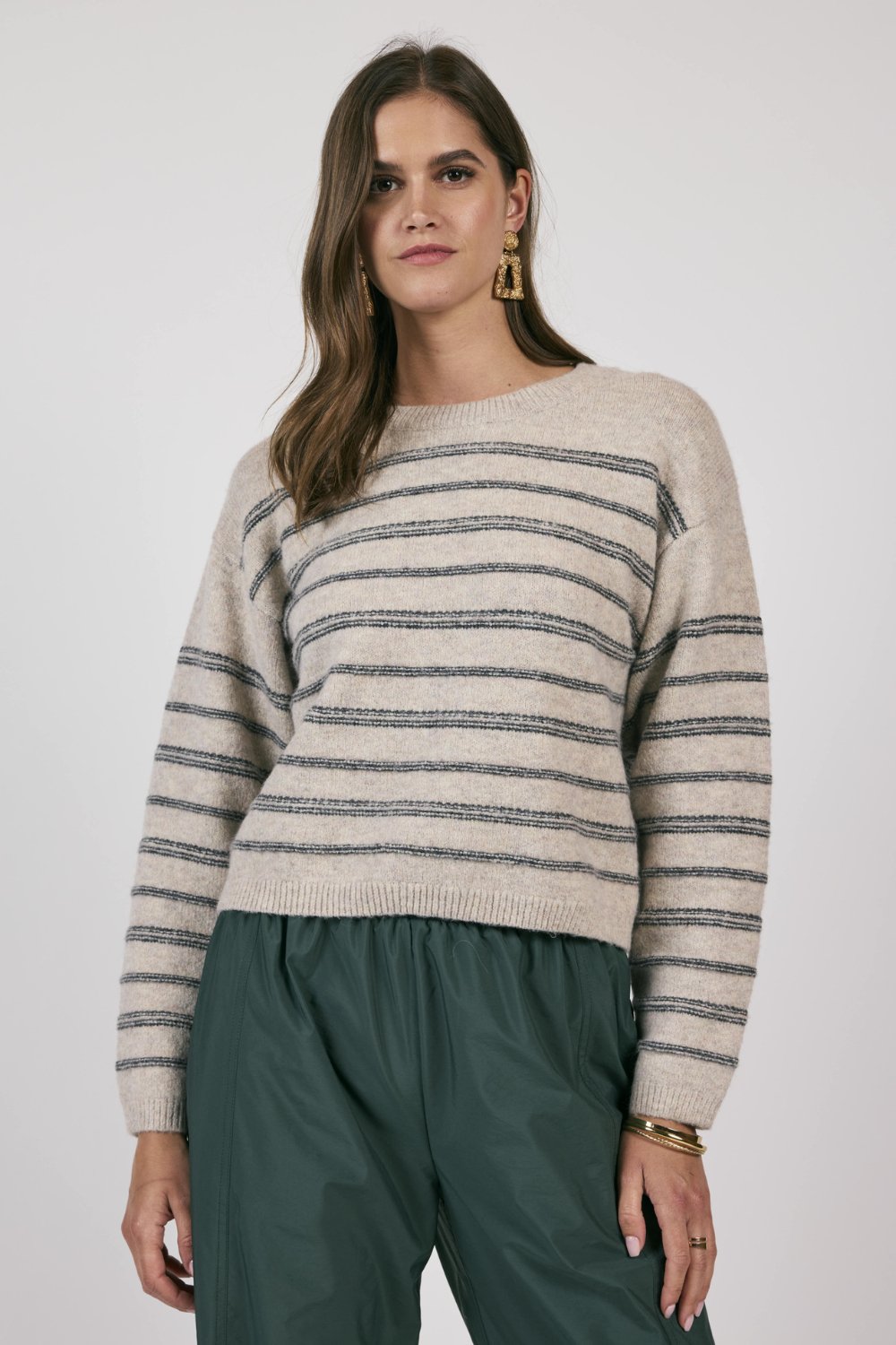 Women&#39;s Striped Knit Sweater Top | Sage The Label | Gray - Women&#39;s Shirts &amp; Tops - Blooming Daily