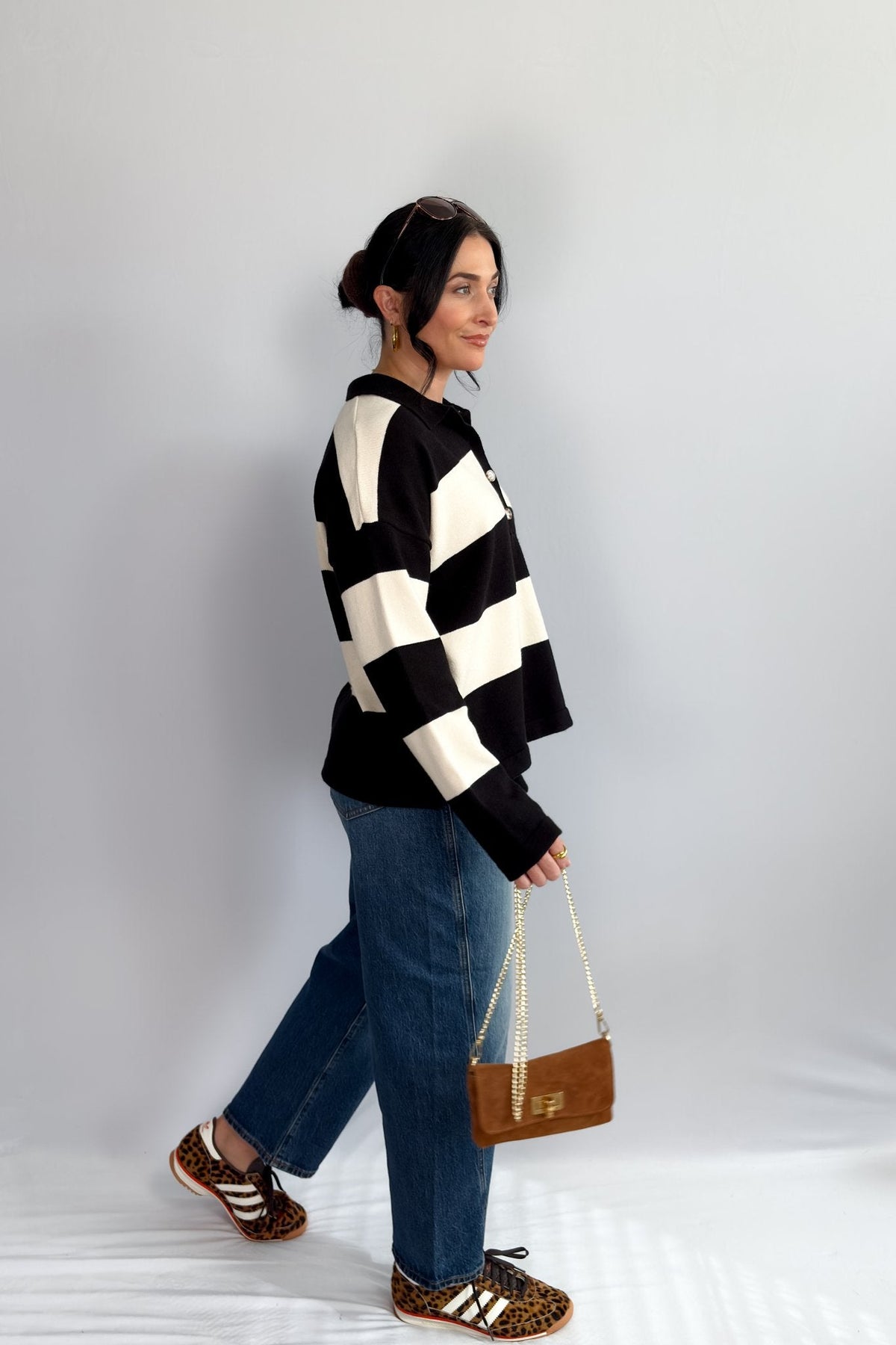 Women’s Striped Rugby Shirt – Black Ivory Knit Long Sleeve - Women&#39;s Shirts &amp; Tops - Blooming Daily