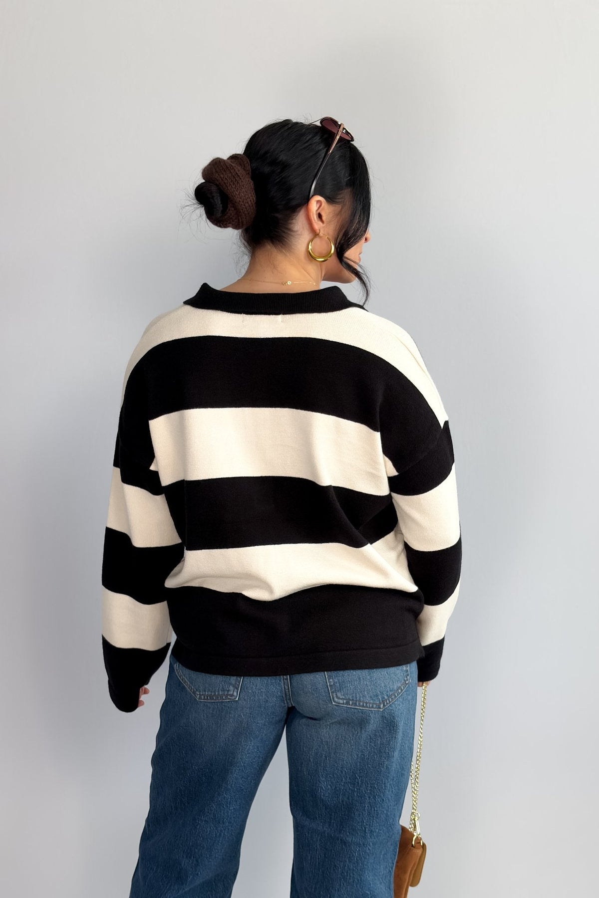 Women’s Striped Rugby Shirt – Black Ivory Knit Long Sleeve - Women&#39;s Shirts &amp; Tops - Blooming Daily