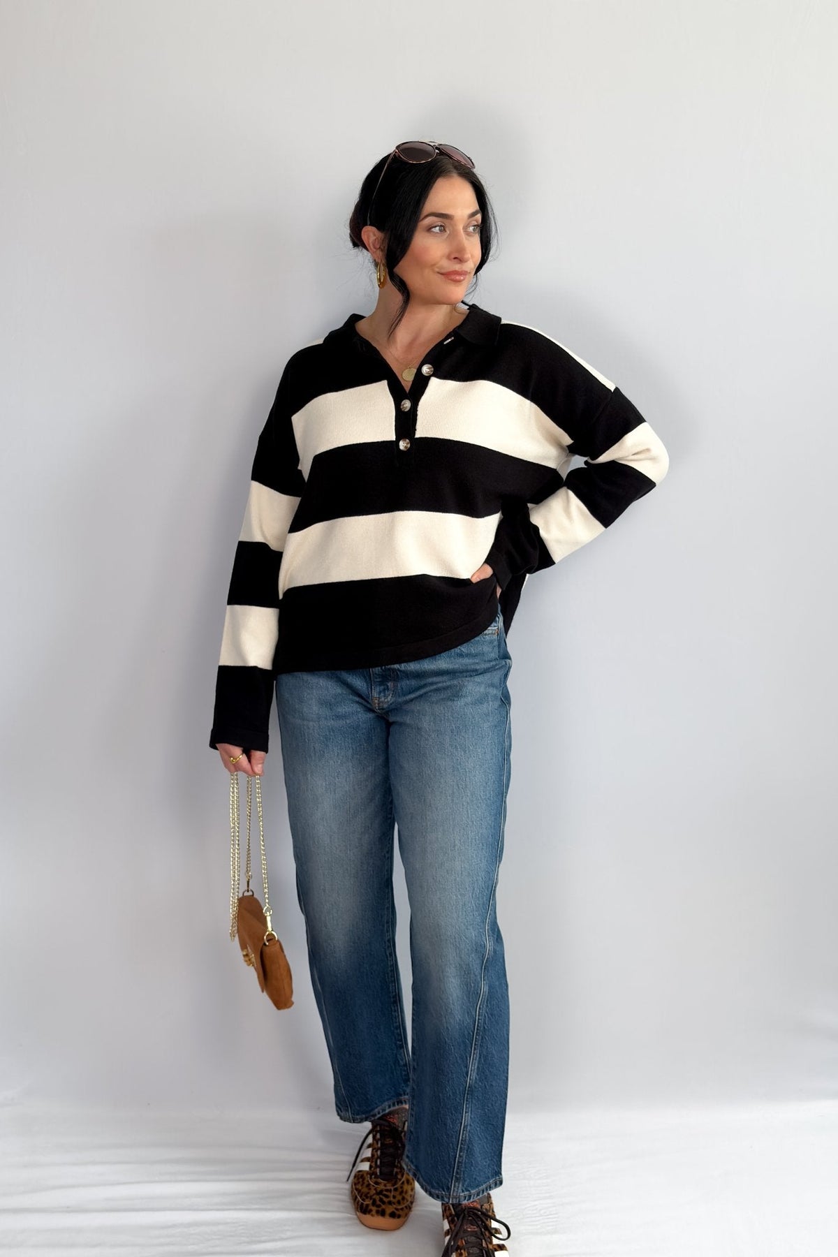 Women’s Striped Rugby Shirt – Black Ivory Knit Long Sleeve - Women&#39;s Shirts &amp; Tops - Blooming Daily