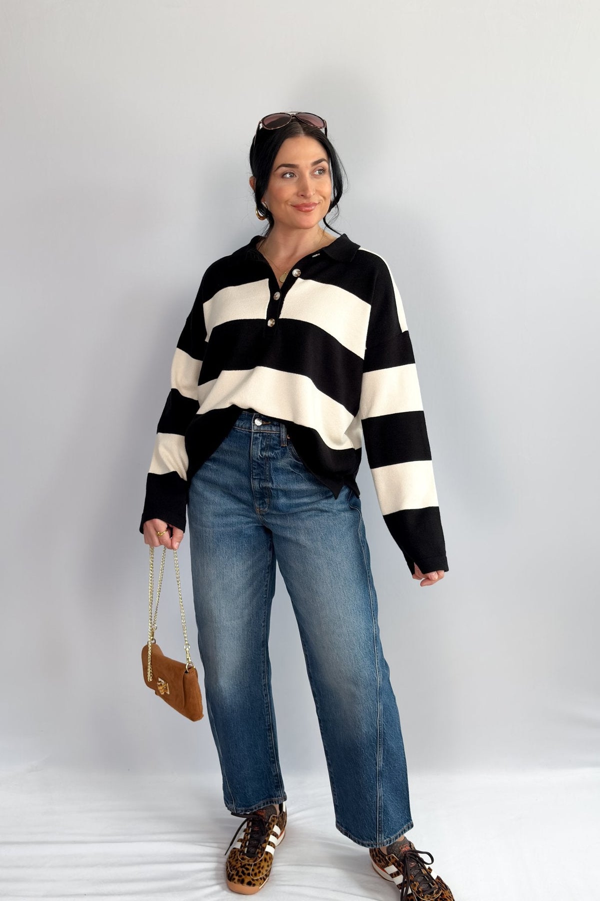 Women’s Striped Rugby Shirt – Black Ivory Knit Long Sleeve - Women&#39;s Shirts &amp; Tops - Blooming Daily