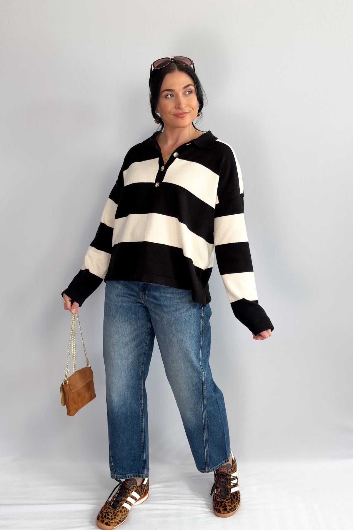 Women’s Striped Rugby Shirt – Black Ivory Knit Long Sleeve - Women&#39;s Shirts &amp; Tops - Blooming Daily