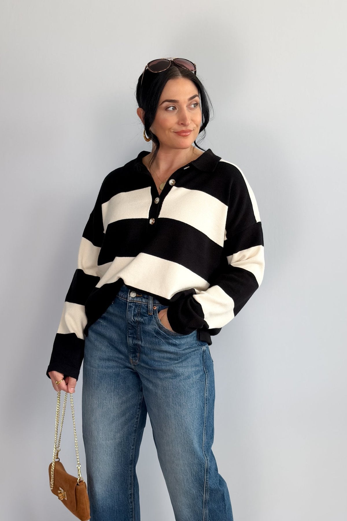Women’s Striped Rugby Shirt – Black Ivory Knit Long Sleeve - Women&#39;s Shirts &amp; Tops - Blooming Daily