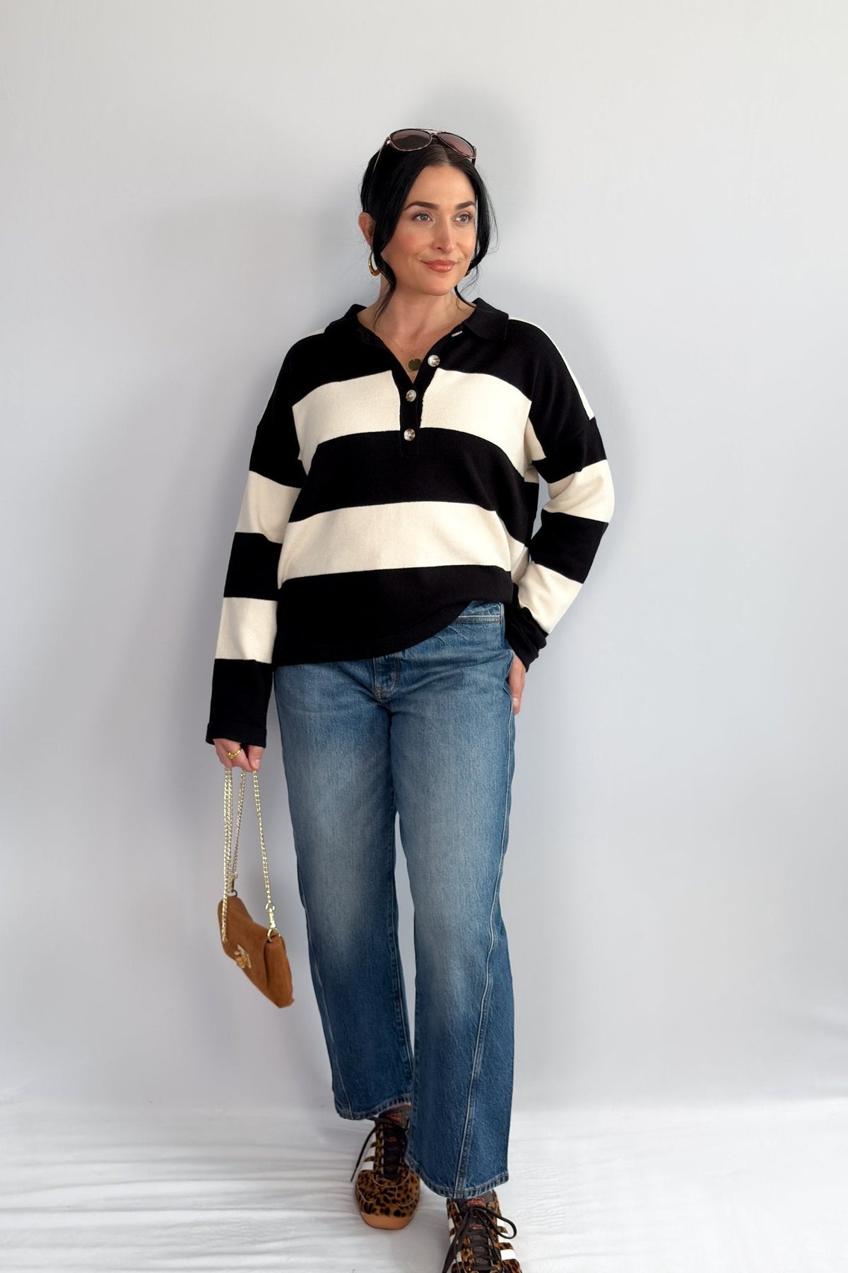 Women’s Striped Rugby Shirt – Black Ivory Knit Long Sleeve - Women&#39;s Shirts &amp; Tops - Blooming Daily