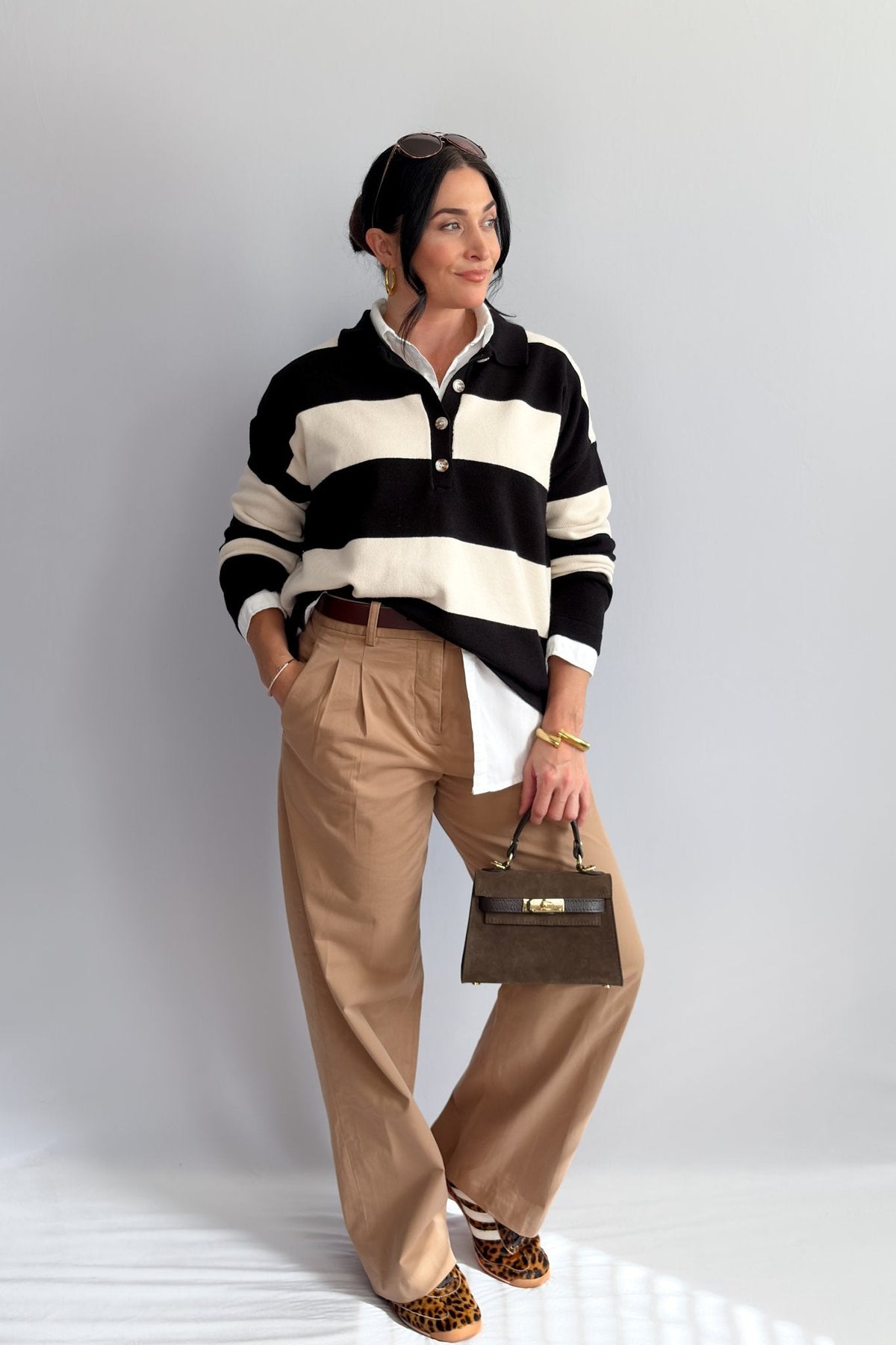 Women’s Striped Rugby Shirt – Black Ivory Knit Long Sleeve - Women&#39;s Shirts &amp; Tops - Blooming Daily