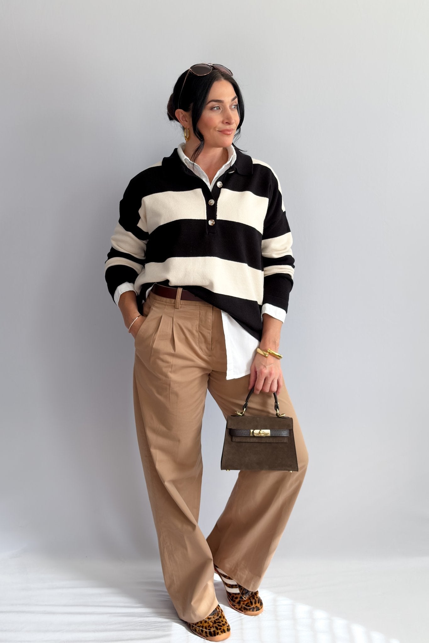 Women’s Striped Rugby Shirt – Black Ivory Knit Long Sleeve - Women's Shirts & Tops - Blooming Daily