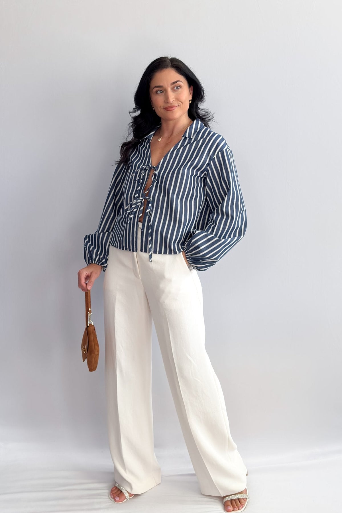 Women’s Striped Tie - Front Blouse – Navy/White, Collared Long Balloon Sleeve - Women&#39;s Shirts &amp; Tops - Blooming Daily