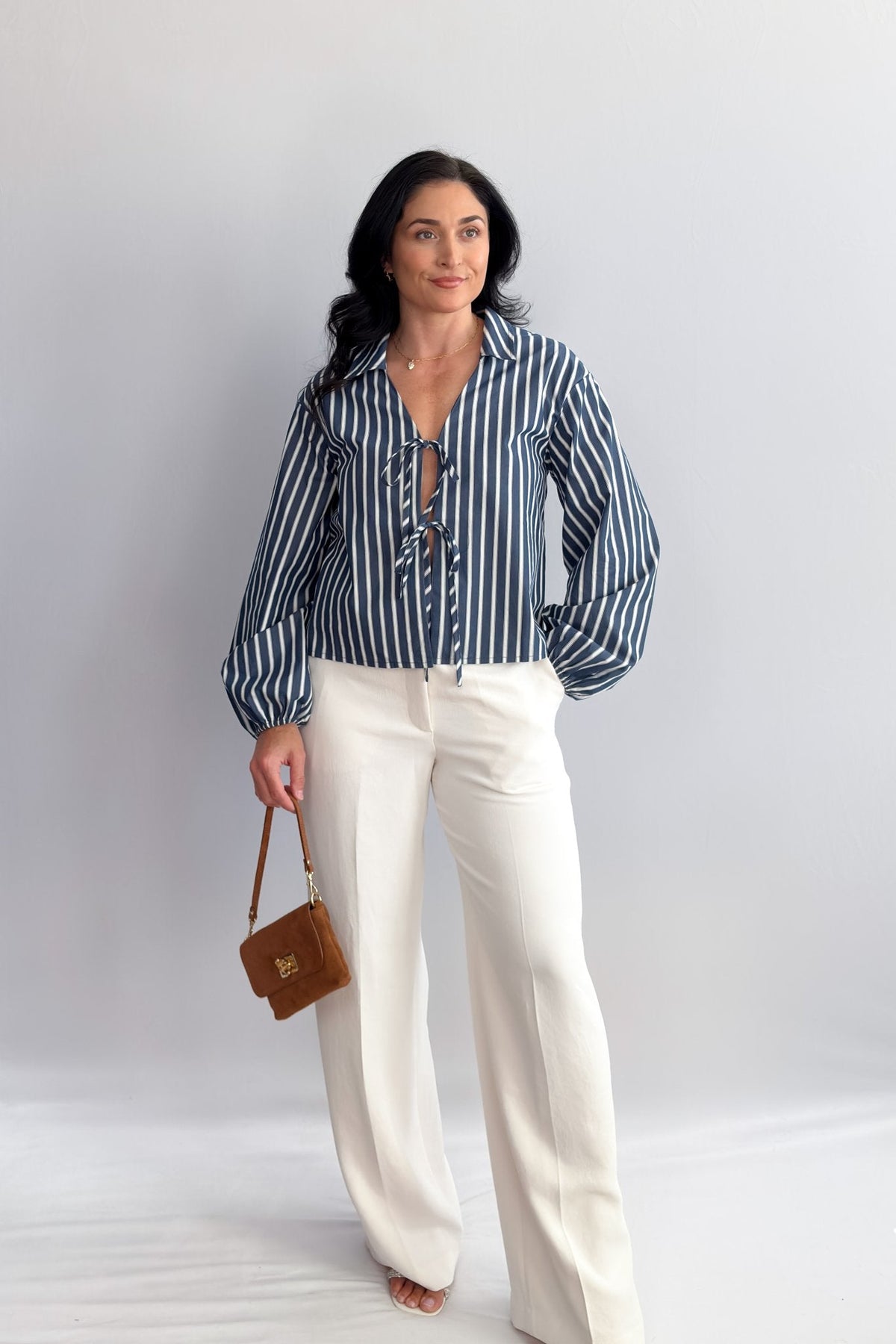 Women’s Striped Tie - Front Blouse – Navy/White, Collared Long Balloon Sleeve - Women&#39;s Shirts &amp; Tops - Blooming Daily
