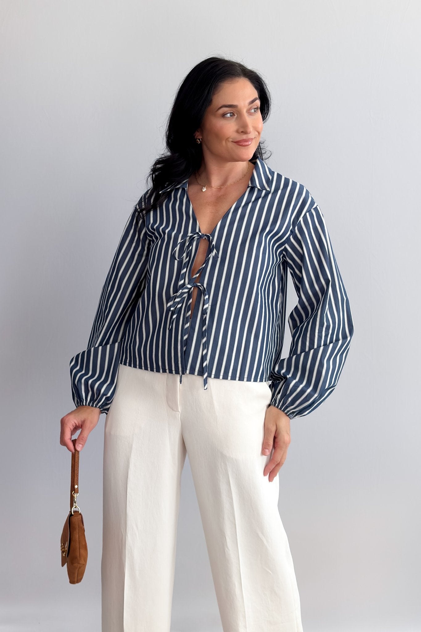 Women’s Striped Tie - Front Blouse – Navy/White, Collared Long Balloon Sleeve - Women's Shirts & Tops - Blooming Daily