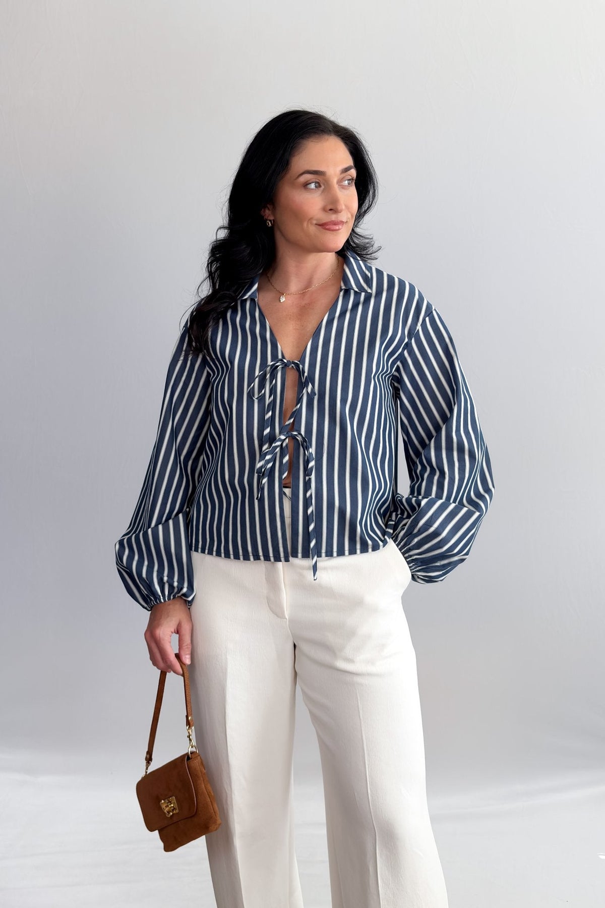Women’s Striped Tie - Front Blouse – Navy/White, Collared Long Balloon Sleeve - Women&#39;s Shirts &amp; Tops - Blooming Daily