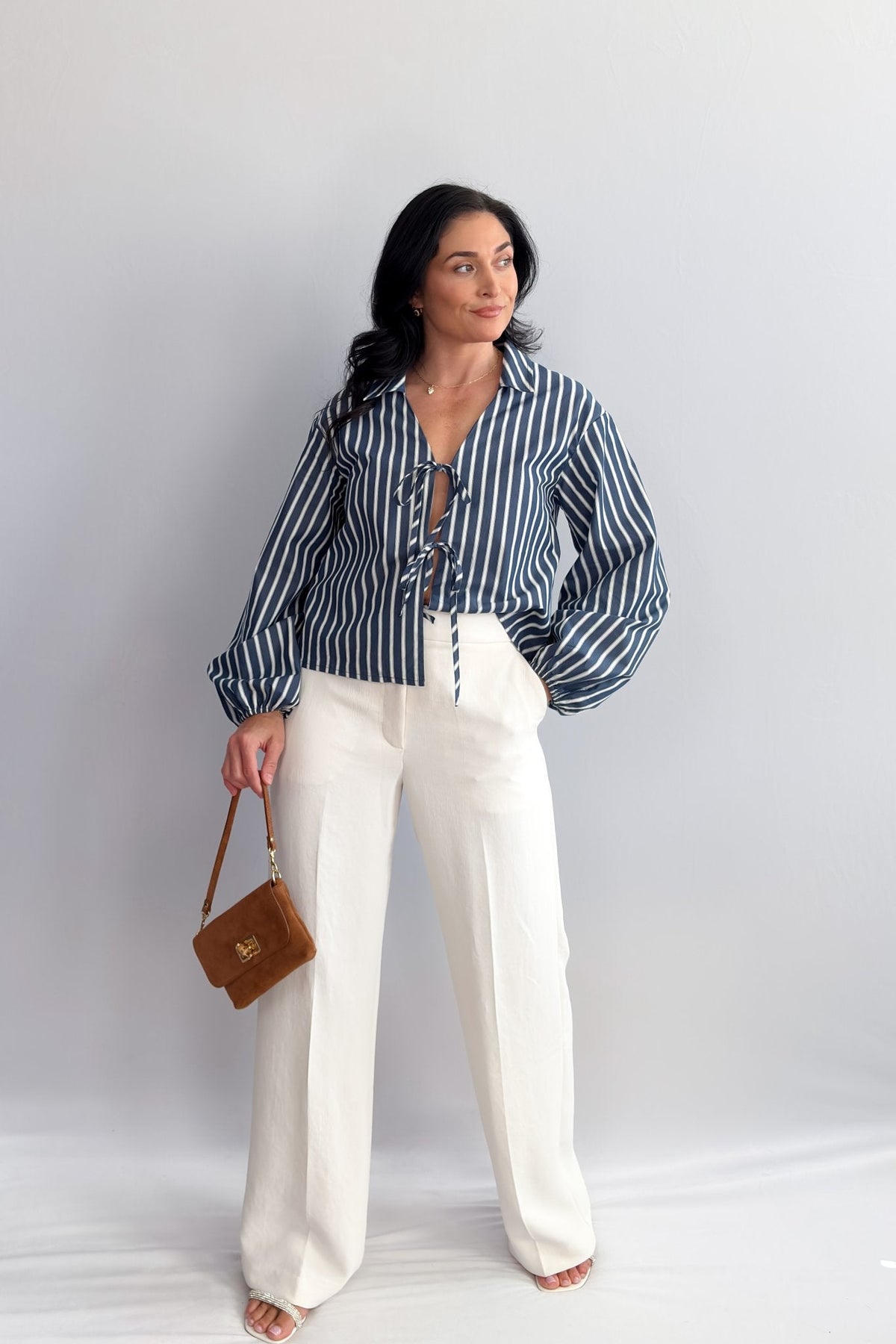 Women’s Striped Tie - Front Blouse – Navy/White, Collared Long Balloon Sleeve - Women&#39;s Shirts &amp; Tops - Blooming Daily