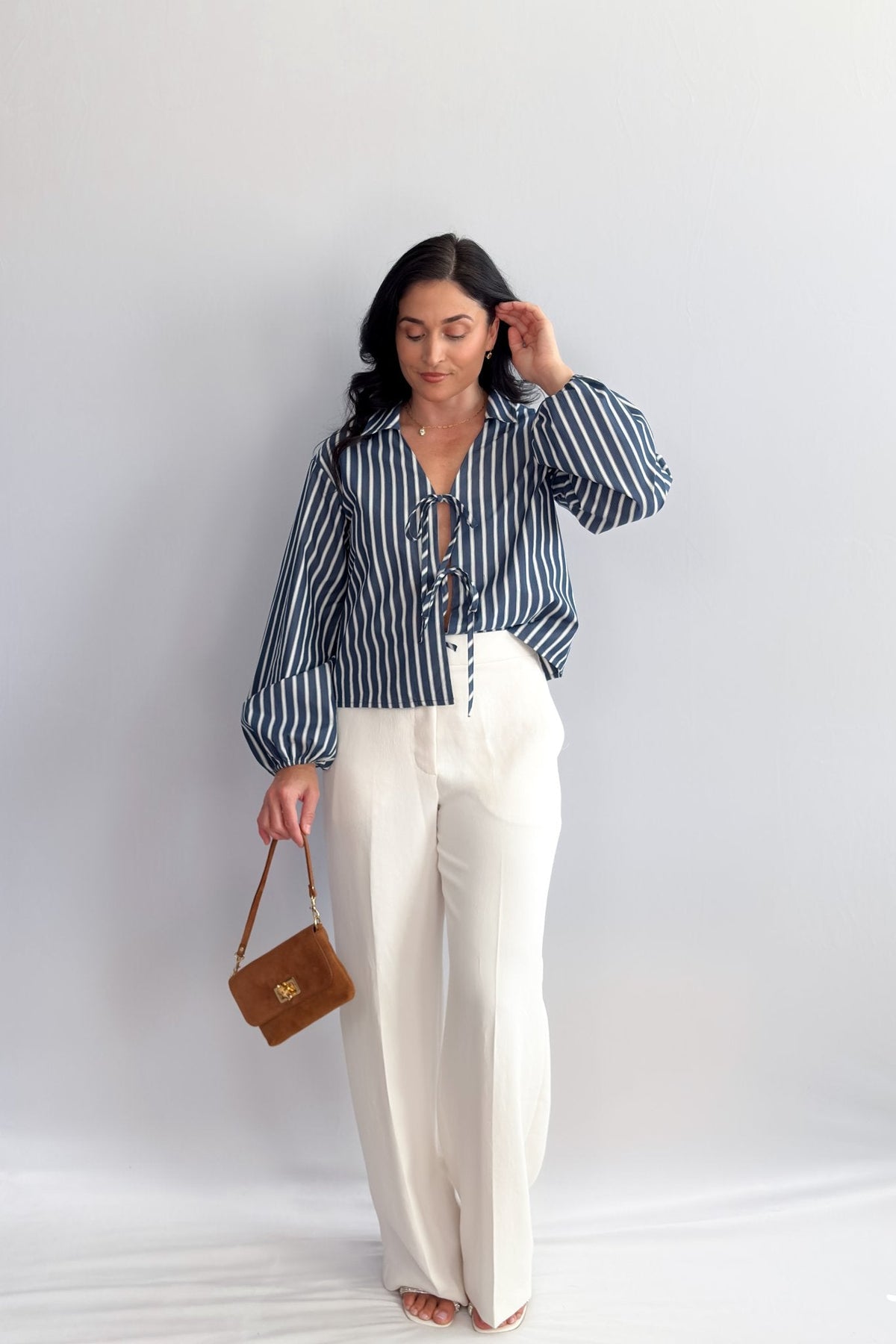 Women’s Striped Tie - Front Blouse – Navy/White, Collared Long Balloon Sleeve - Women&#39;s Shirts &amp; Tops - Blooming Daily