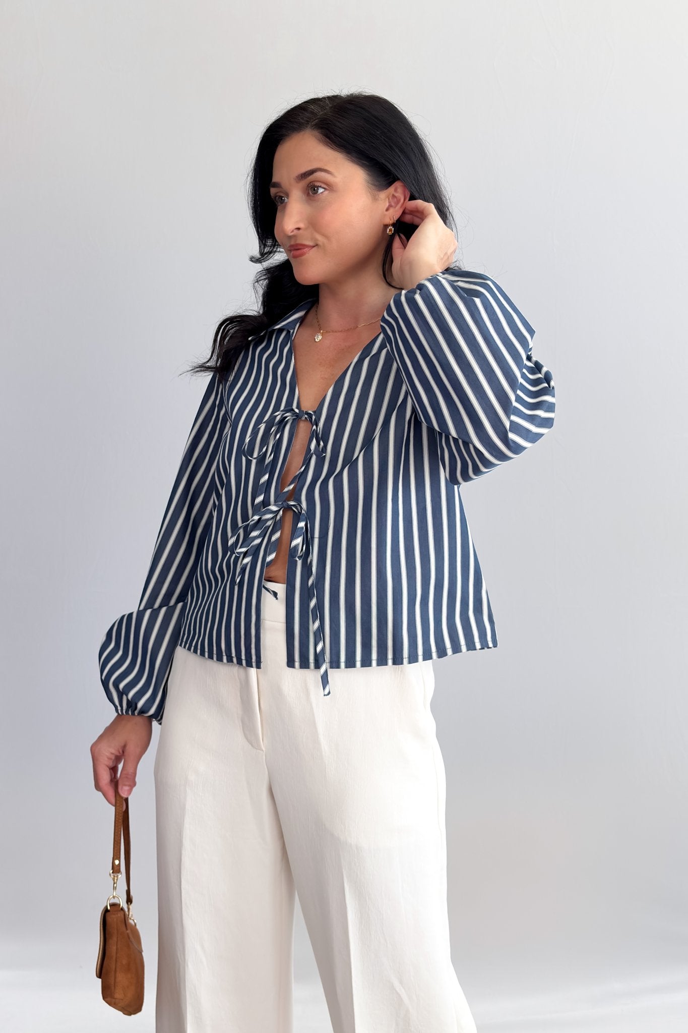 Women’s Striped Tie - Front Blouse – Navy/White, Collared Long Balloon Sleeve - Women's Shirts & Tops - Blooming Daily