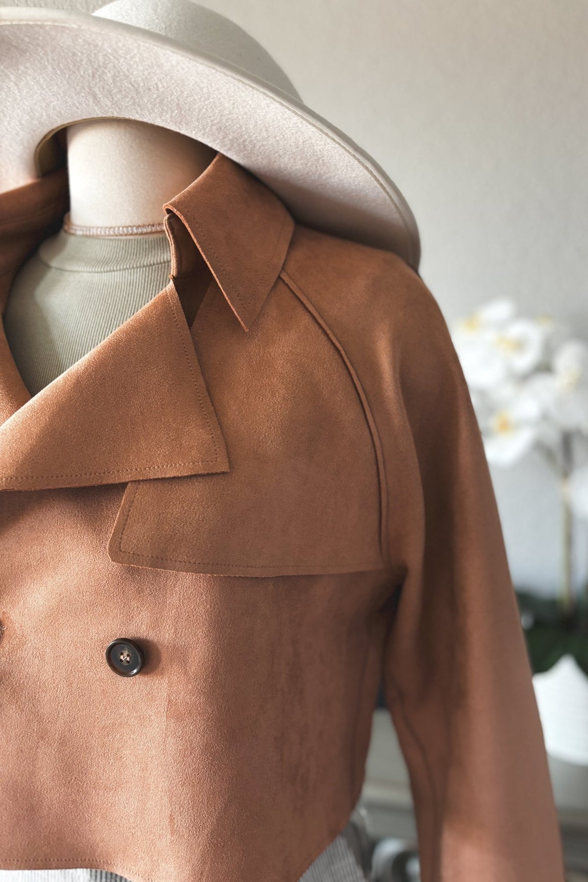 Women&#39;s Suede Cropped Trench Coat | Sage The Label | Camel Brown - Women&#39;s Jacket - Blooming Daily