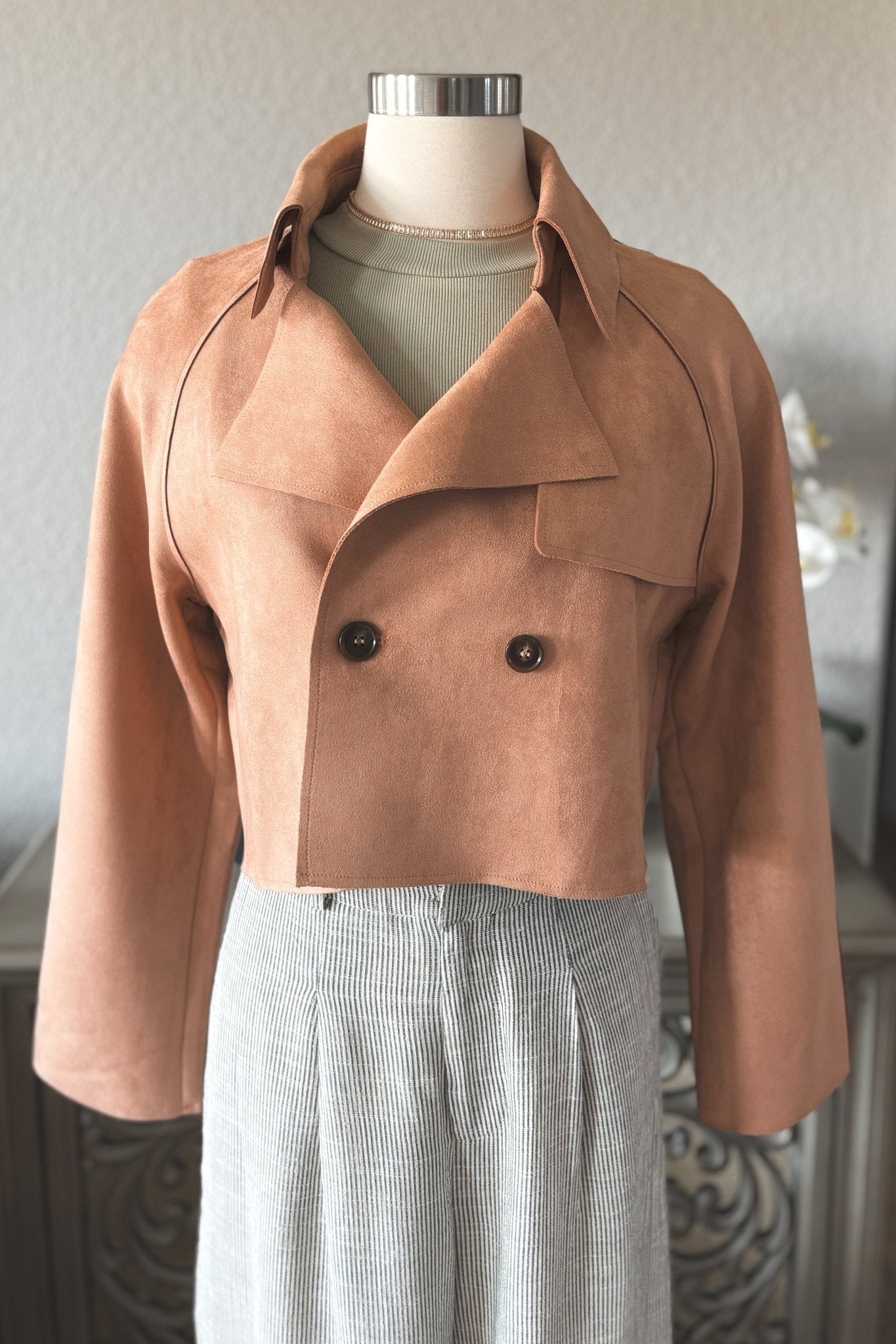 Women's Suede Cropped Trench Coat | Sage The Label | Camel Brown - Women's Jacket - Blooming Daily