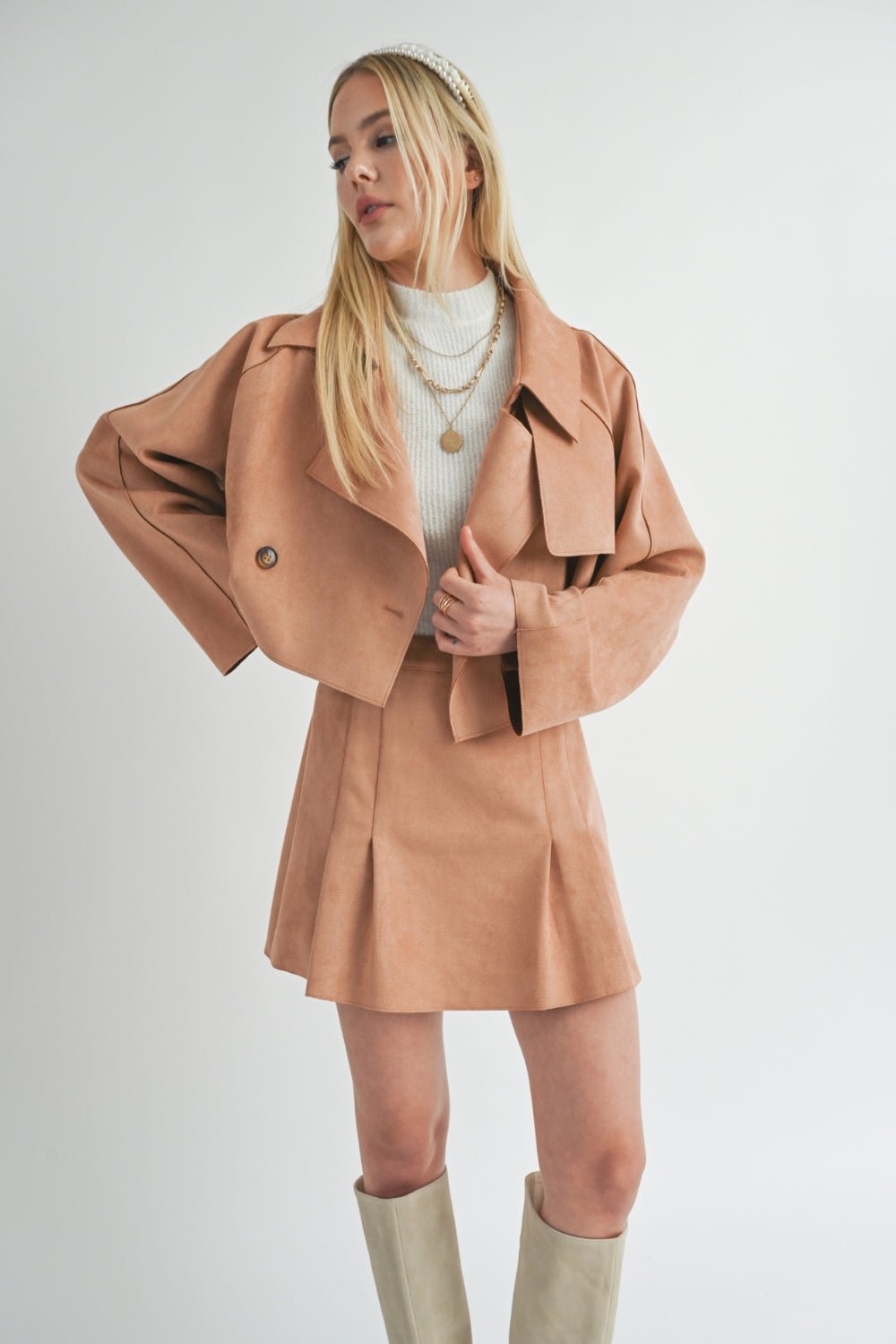 Women&#39;s Suede Cropped Trench Coat | Sage The Label | Camel Brown - Women&#39;s Jacket - Blooming Daily