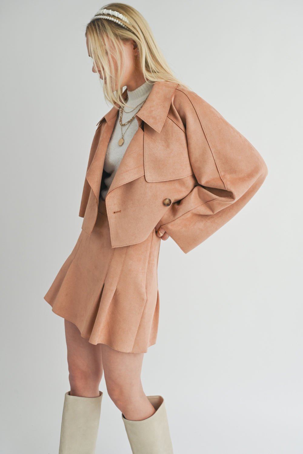 Women&#39;s Suede Cropped Trench Coat | Sage The Label | Camel Brown - Women&#39;s Jacket - Blooming Daily