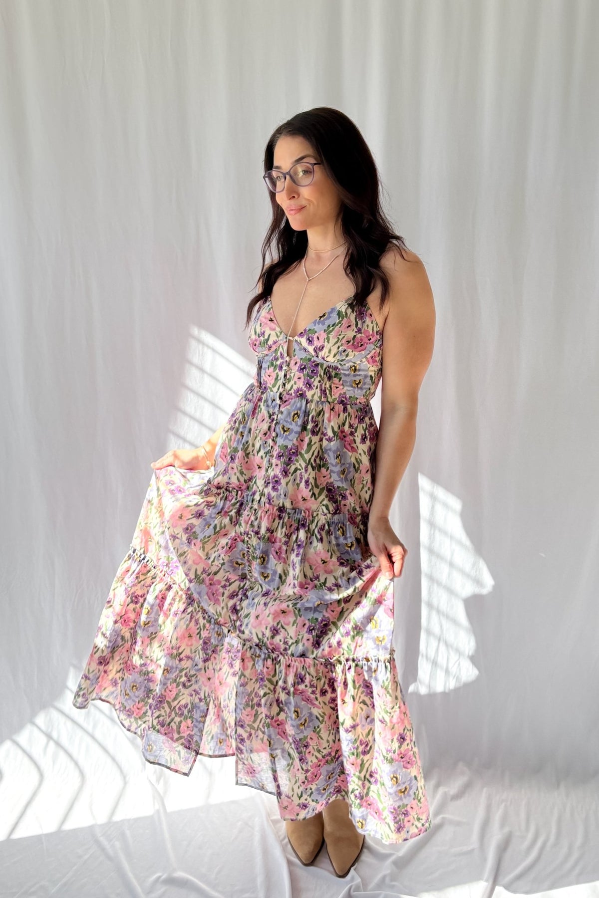 Women&#39;s Valerian Floral Button Down Maxi Dress | Adjustable Straps | Pink - Women&#39;s Dresses - Blooming Daily