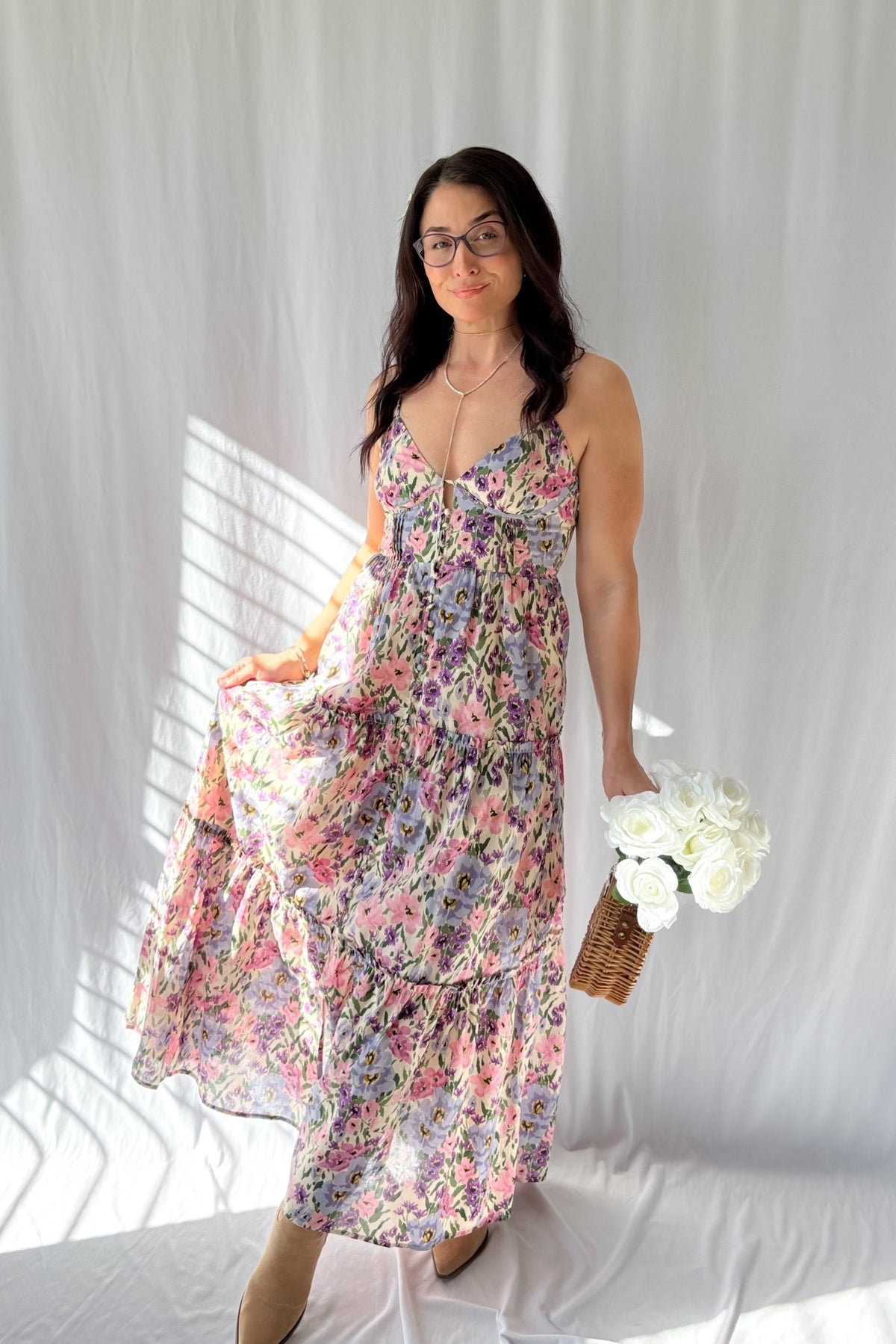 Women&#39;s Valerian Floral Button Down Maxi Dress | Adjustable Straps | Pink - Women&#39;s Dresses - Blooming Daily