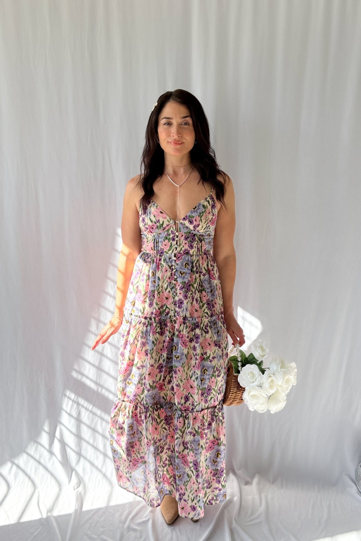 Women&#39;s Valerian Floral Button Down Maxi Dress | Adjustable Straps | Pink - Women&#39;s Dresses - Blooming Daily