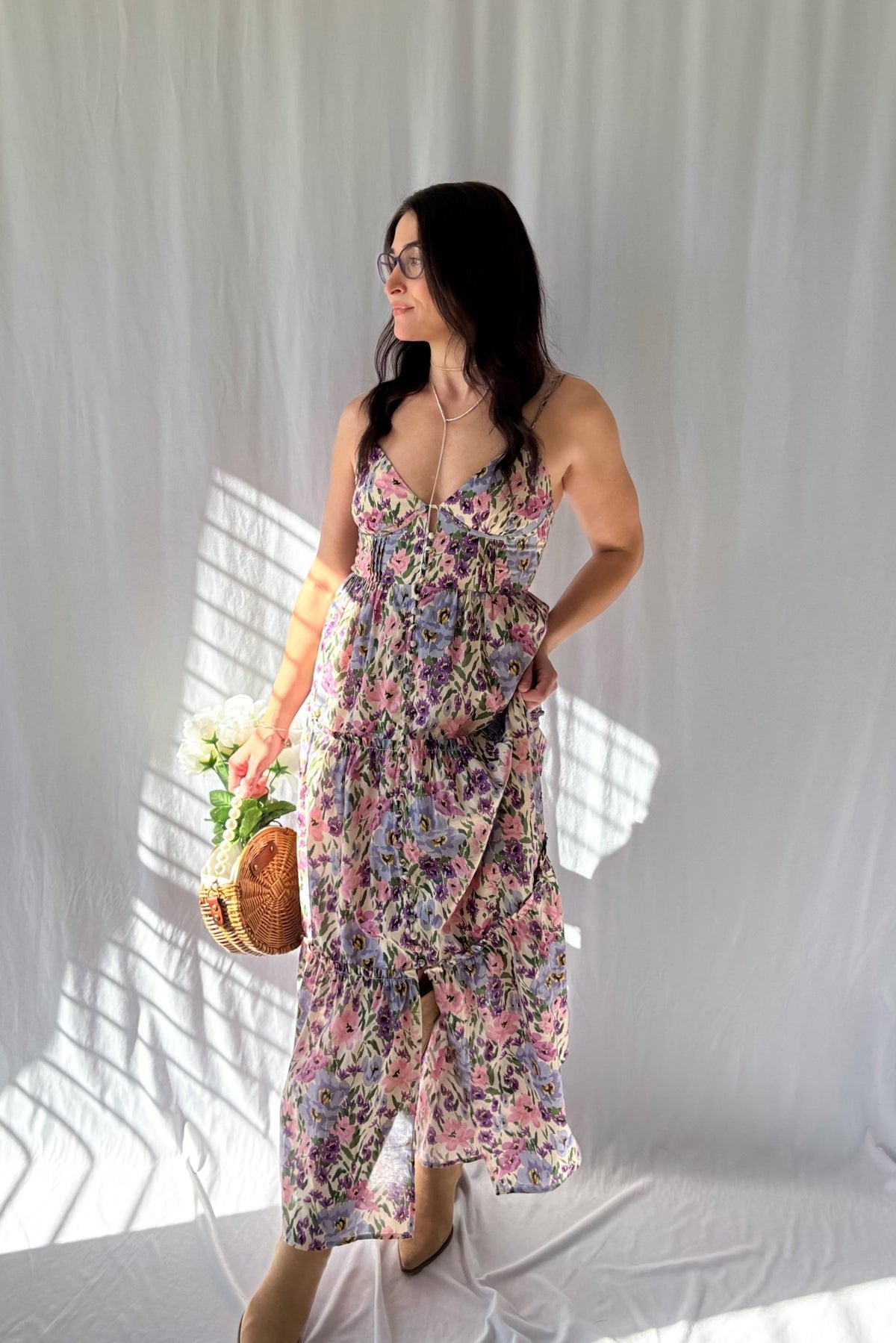 Women&#39;s Valerian Floral Button Down Maxi Dress | Adjustable Straps | Pink - Women&#39;s Dresses - Blooming Daily