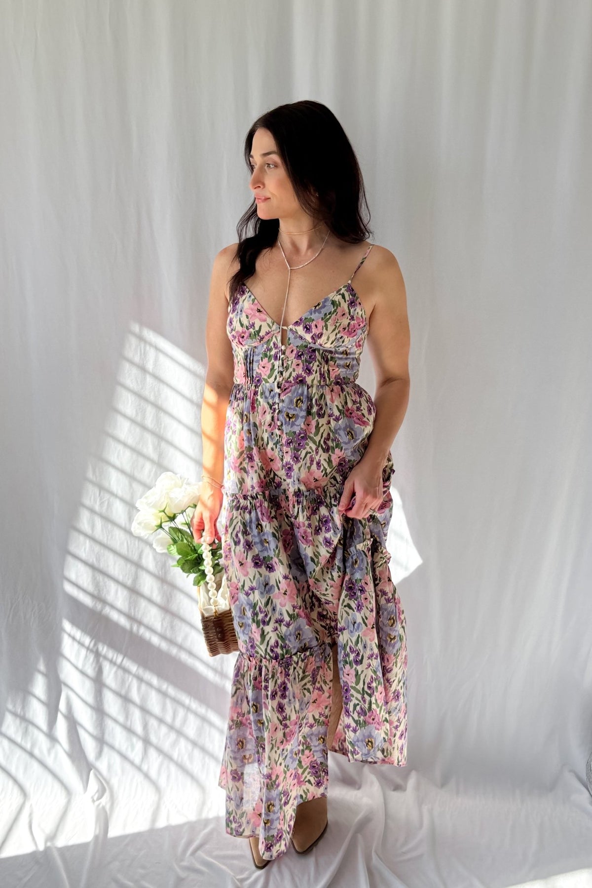 Women&#39;s Valerian Floral Button Down Maxi Dress | Adjustable Straps | Pink - Women&#39;s Dresses - Blooming Daily