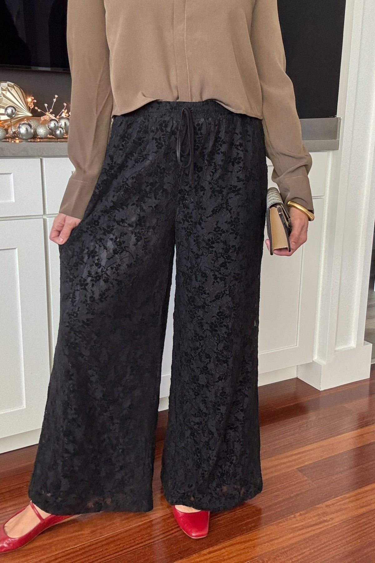 Women&#39;s Velvet Lace Pants | Wide Leg | High Rise | Black - Women&#39;s Pants - Blooming Daily