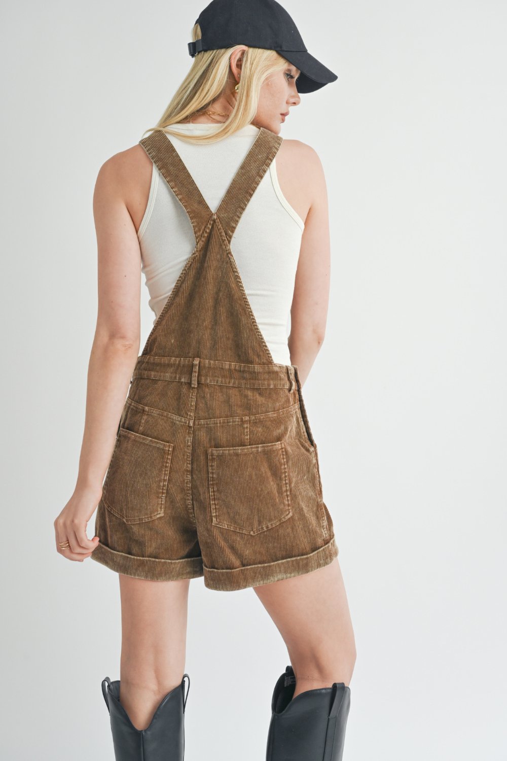 Women&#39;s Washed Corduroy Overalls Short Bottoms | Sage The Label | Cotton | Brown - Women&#39;s Shorts - Blooming Daily