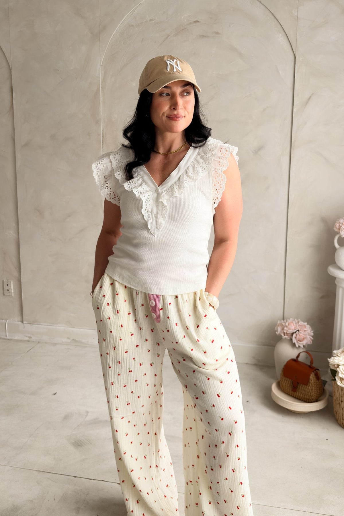 Women’s White Eyelet Ruffle Top – Rib Knit Summer Top - Women's Shirts & Tops - Blooming Daily