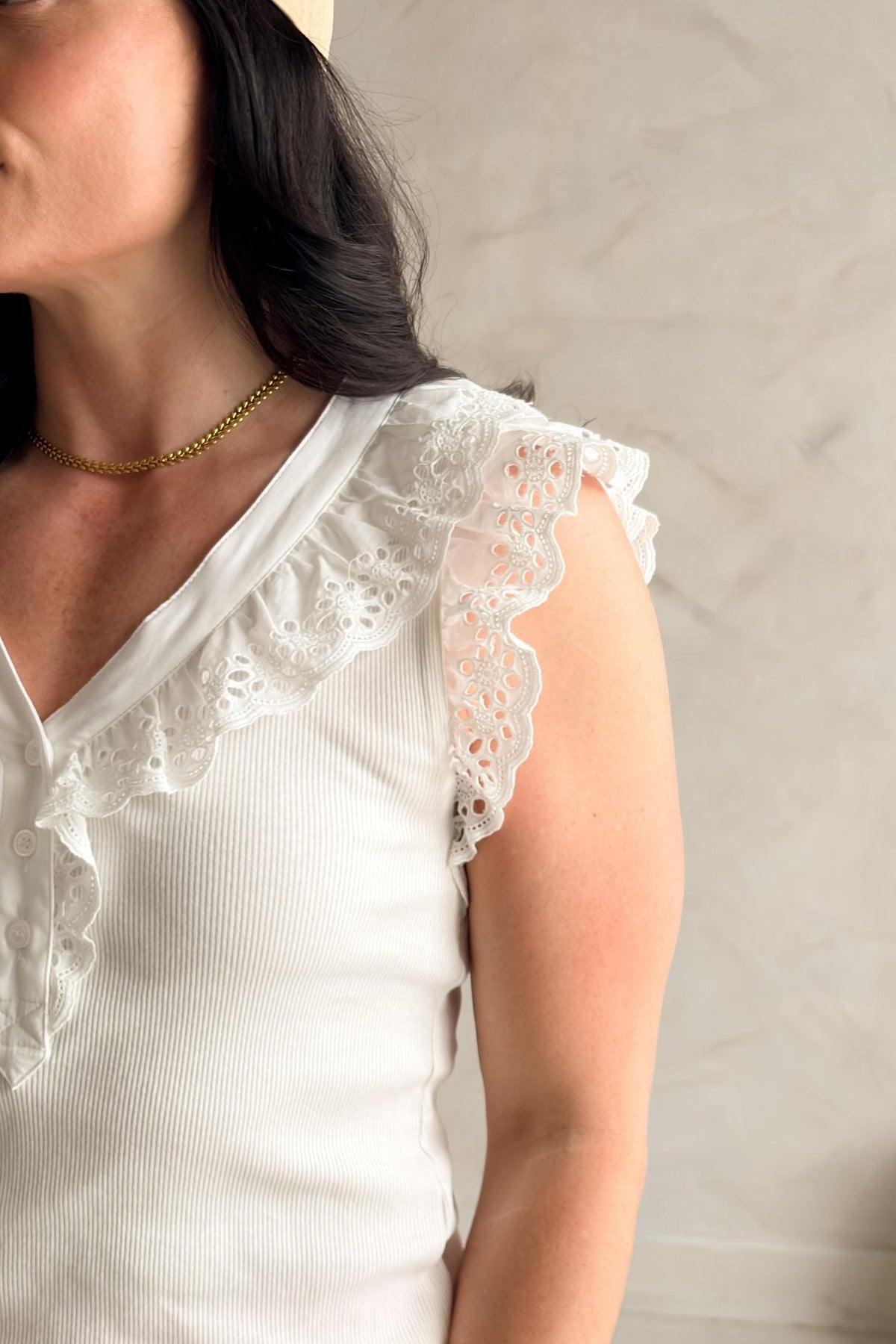 Women’s White Eyelet Ruffle Top – Rib Knit Summer Top - Women's Shirts & Tops - Blooming Daily