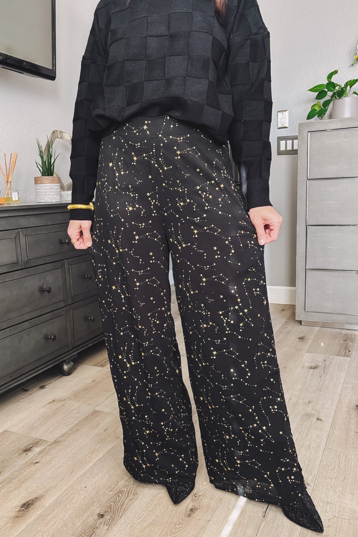 Women&#39;s Wide Leg Dress Pants | Holiday Outfits | Celestial Stars | Black - Women&#39;s Pants - Blooming Daily