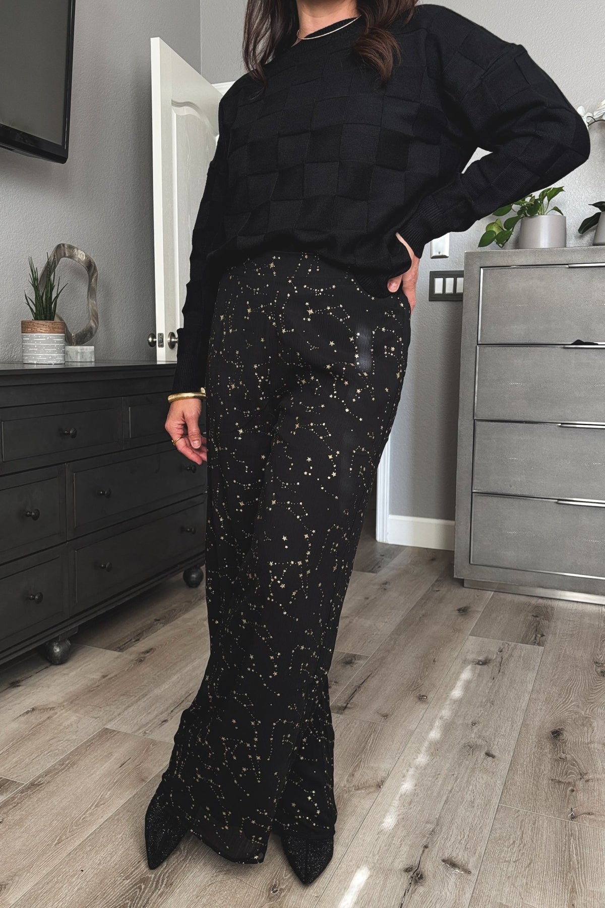 Women&#39;s Wide Leg Dress Pants | Holiday Outfits | Celestial Stars | Black - Women&#39;s Pants - Blooming Daily