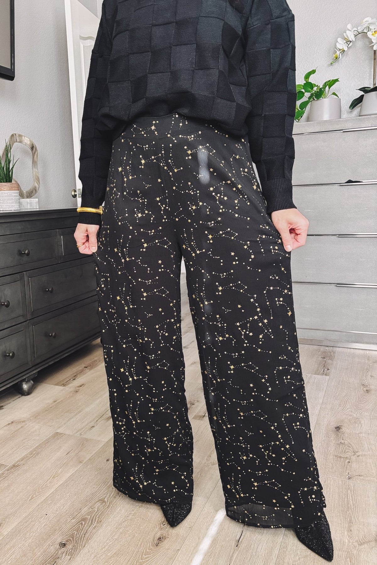 Women&#39;s Wide Leg Dress Pants | Holiday Outfits | Celestial Stars | Black - Women&#39;s Pants - Blooming Daily