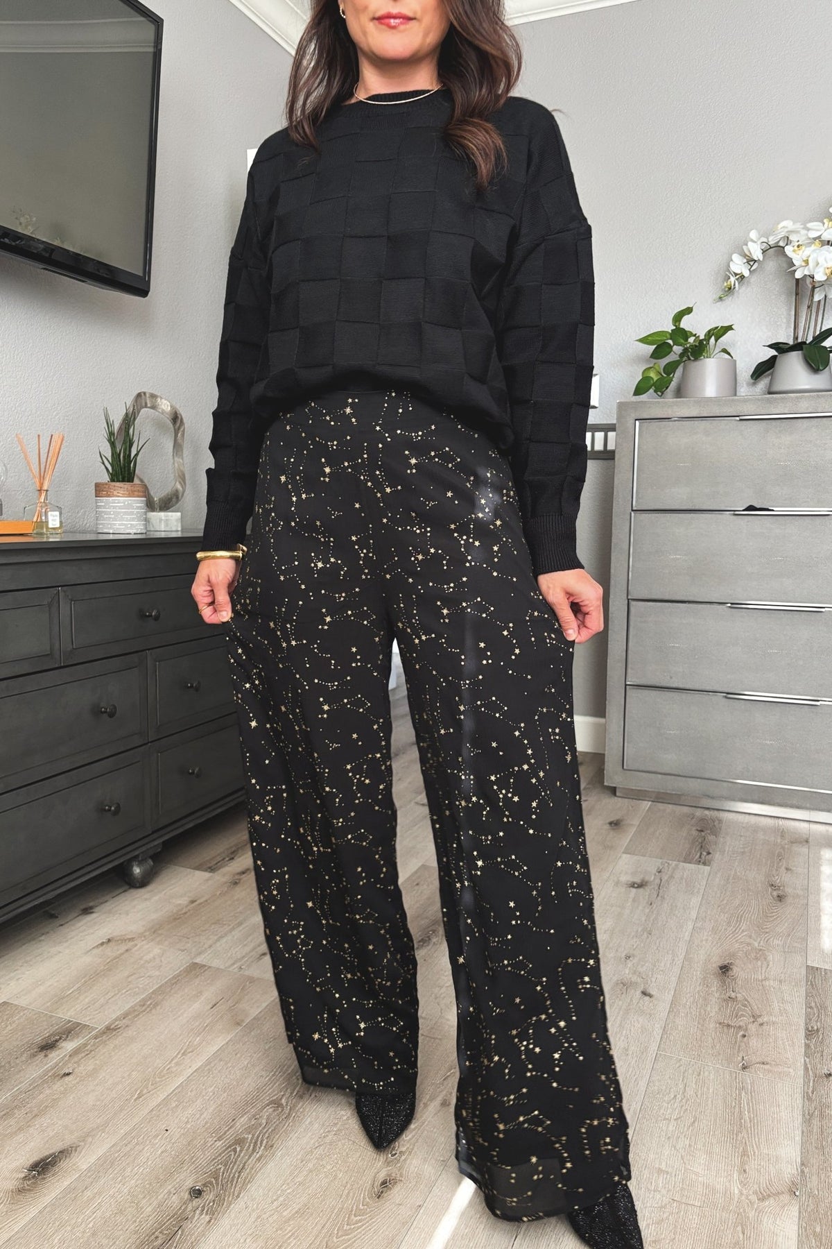 Women&#39;s Wide Leg Dress Pants | Holiday Outfits | Celestial Stars | Black - Women&#39;s Pants - Blooming Daily