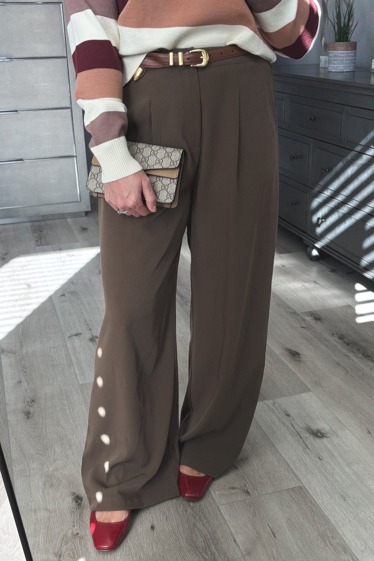 Women&#39;s Wide Leg Trousers | Pleated | Brown - Women&#39;s Pants - Blooming Daily